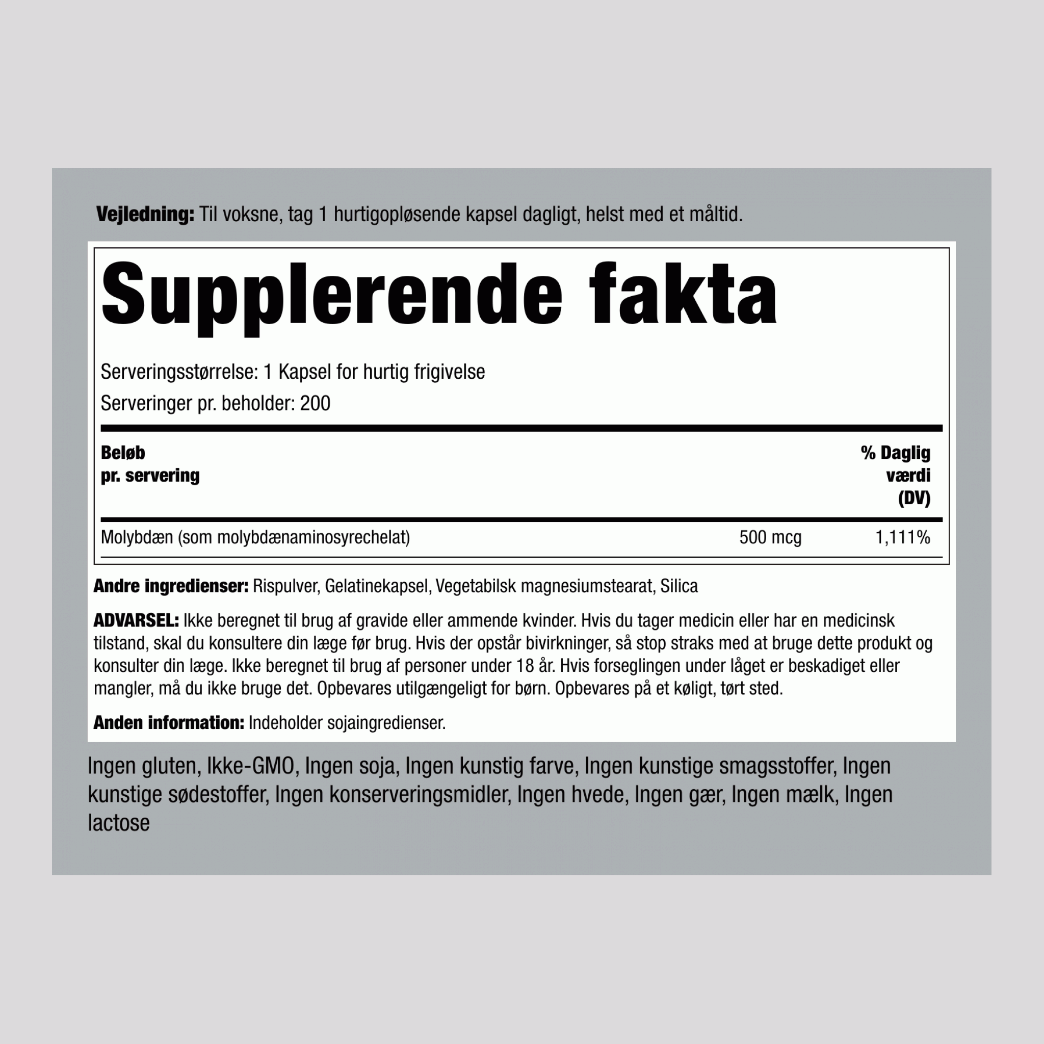 Molybdæn,  500 mcg 200 Kapsler for hurtig frigivelse 2 Flasker