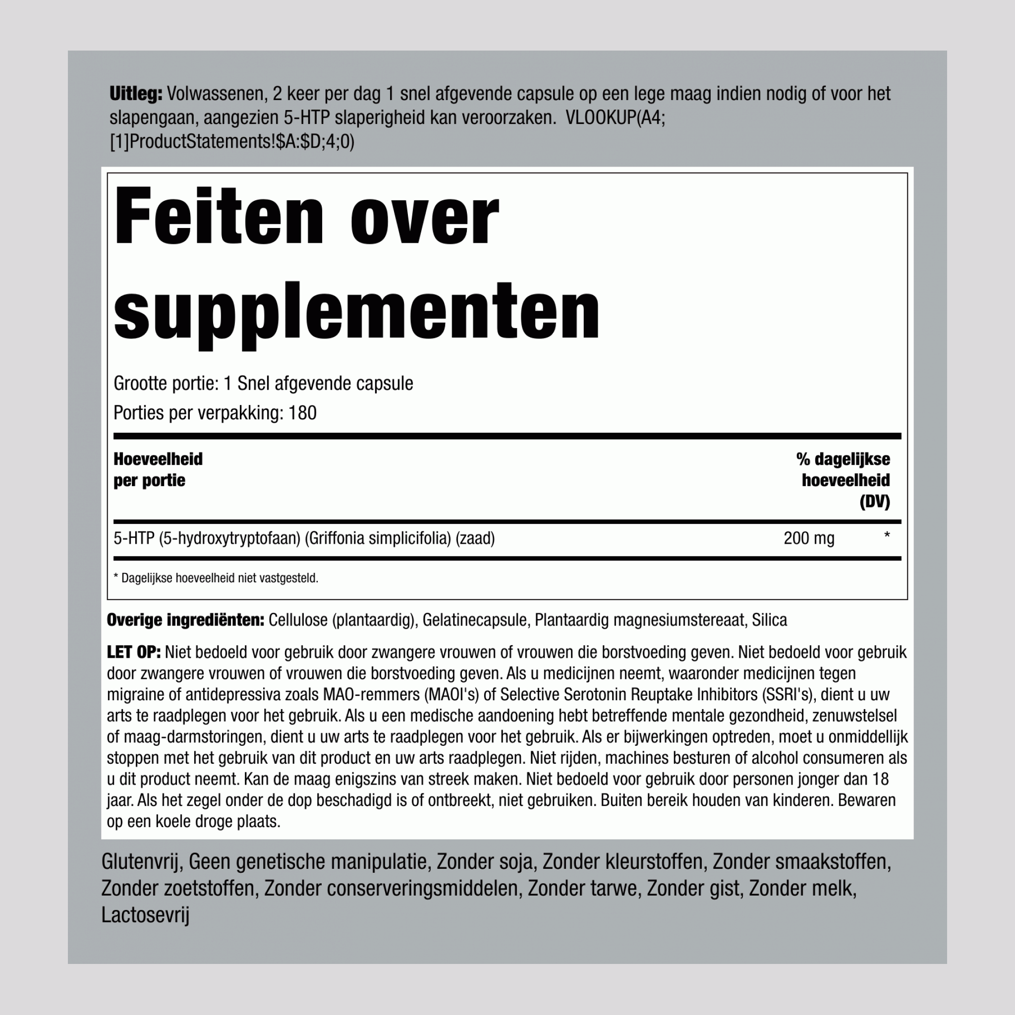 5-HTP  200 mg 180 Snel afgevende capsules     