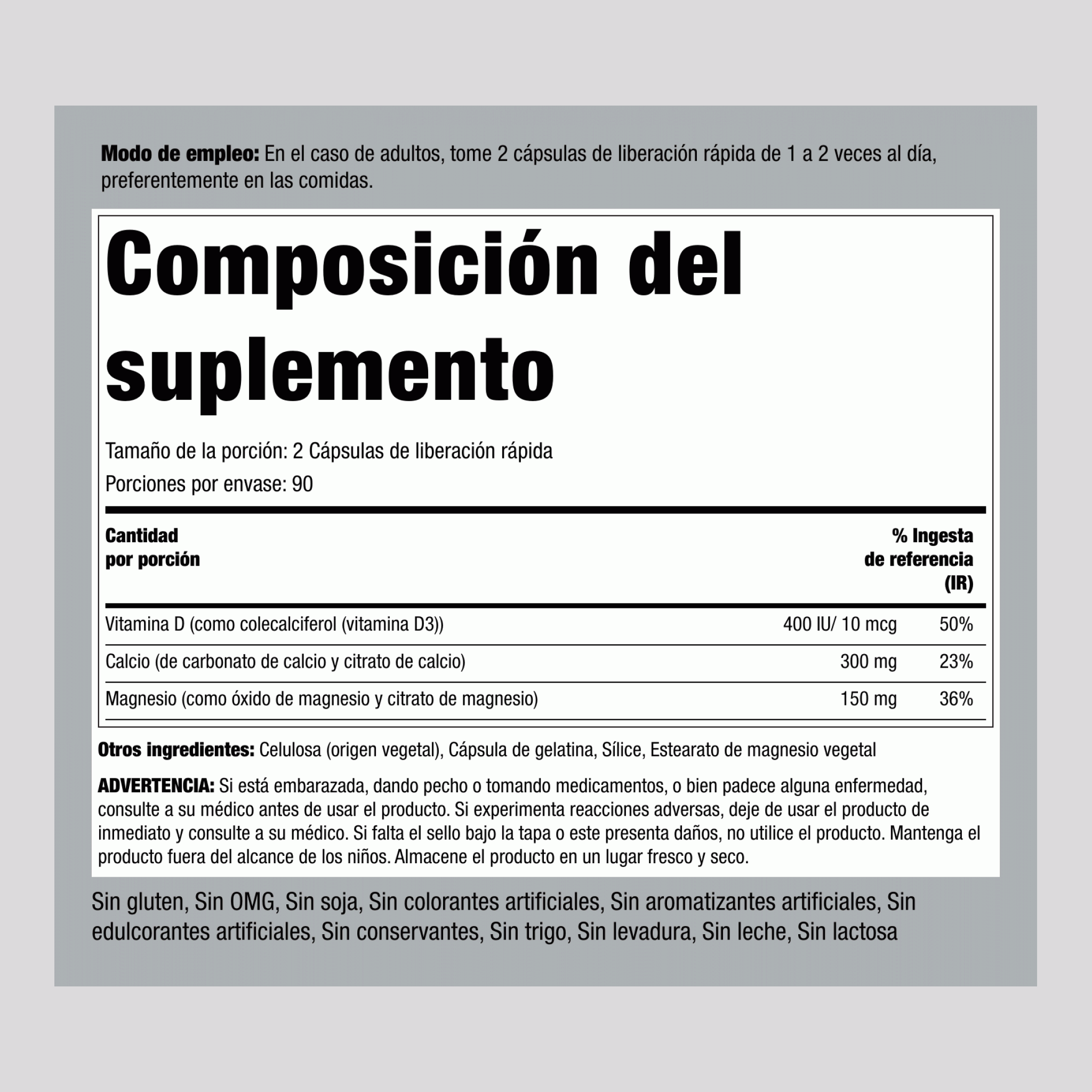 Citrato de magnesio y calcio + vitamina D  (Cal 300mg/Mag 150mg/D3 400IU) (per serving) 180 Cápsulas de liberación rápida       