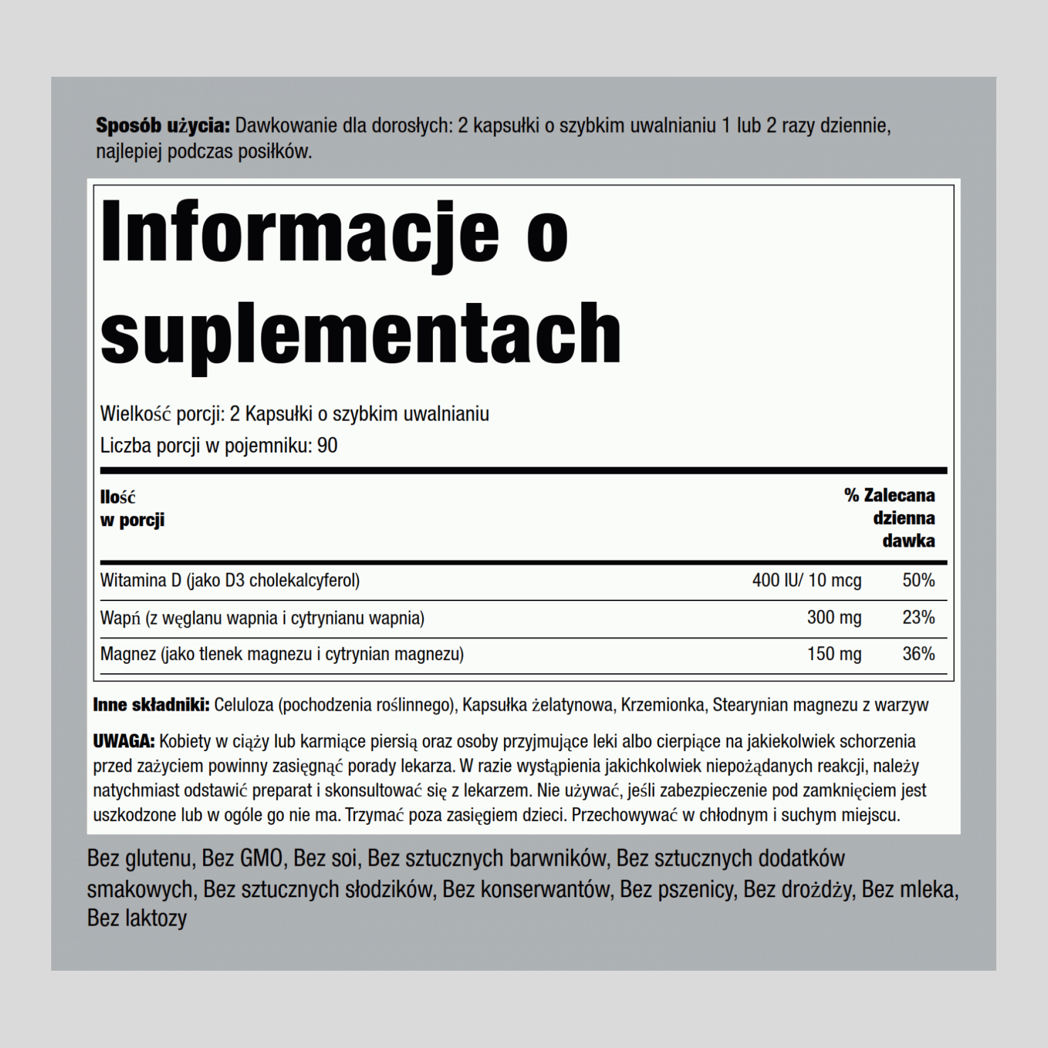 Wapń & cytrat magnezu plus D  (Cal 300mg/Mag 150mg/D3 400IU) (per serving) 180 Kapsułki o szybkim uwalnianiu       