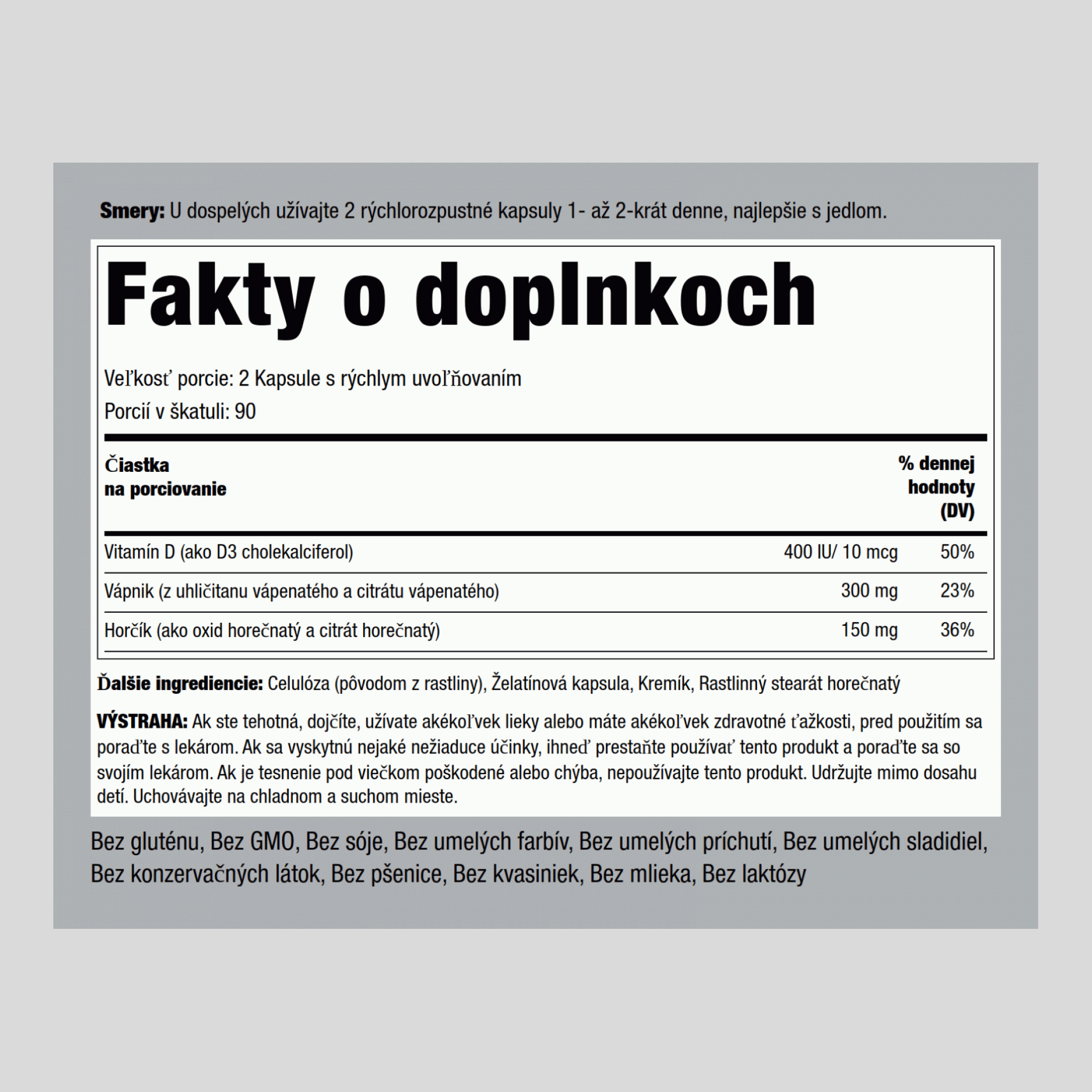 Vápnik a citrát horečnatý a vitamín D  (Cal 300mg/Mag 150mg/D3 400IU) (per serving) 180 Kapsule s rýchlym uvoľňovaním       