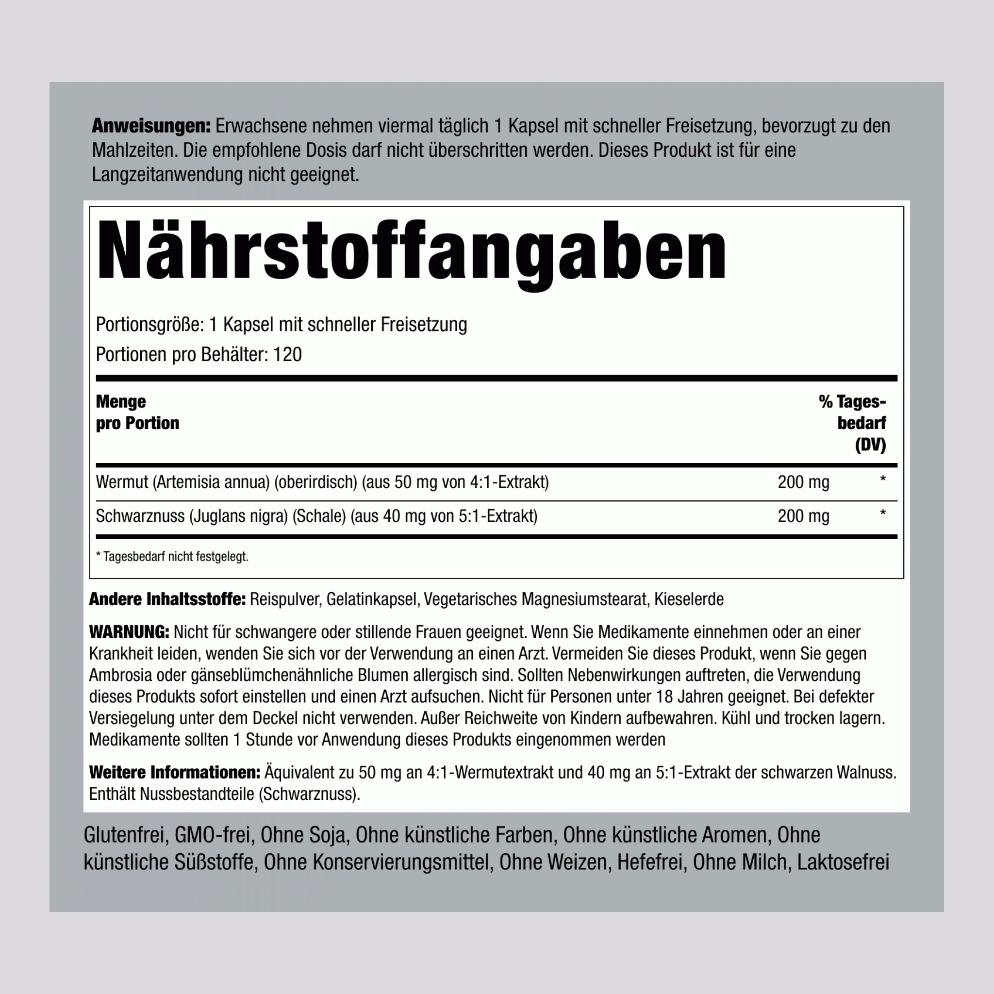 Wermut-Schwarzwalnuss-Komplex  400 mg 120 Kapseln mit schneller Freisetzung     