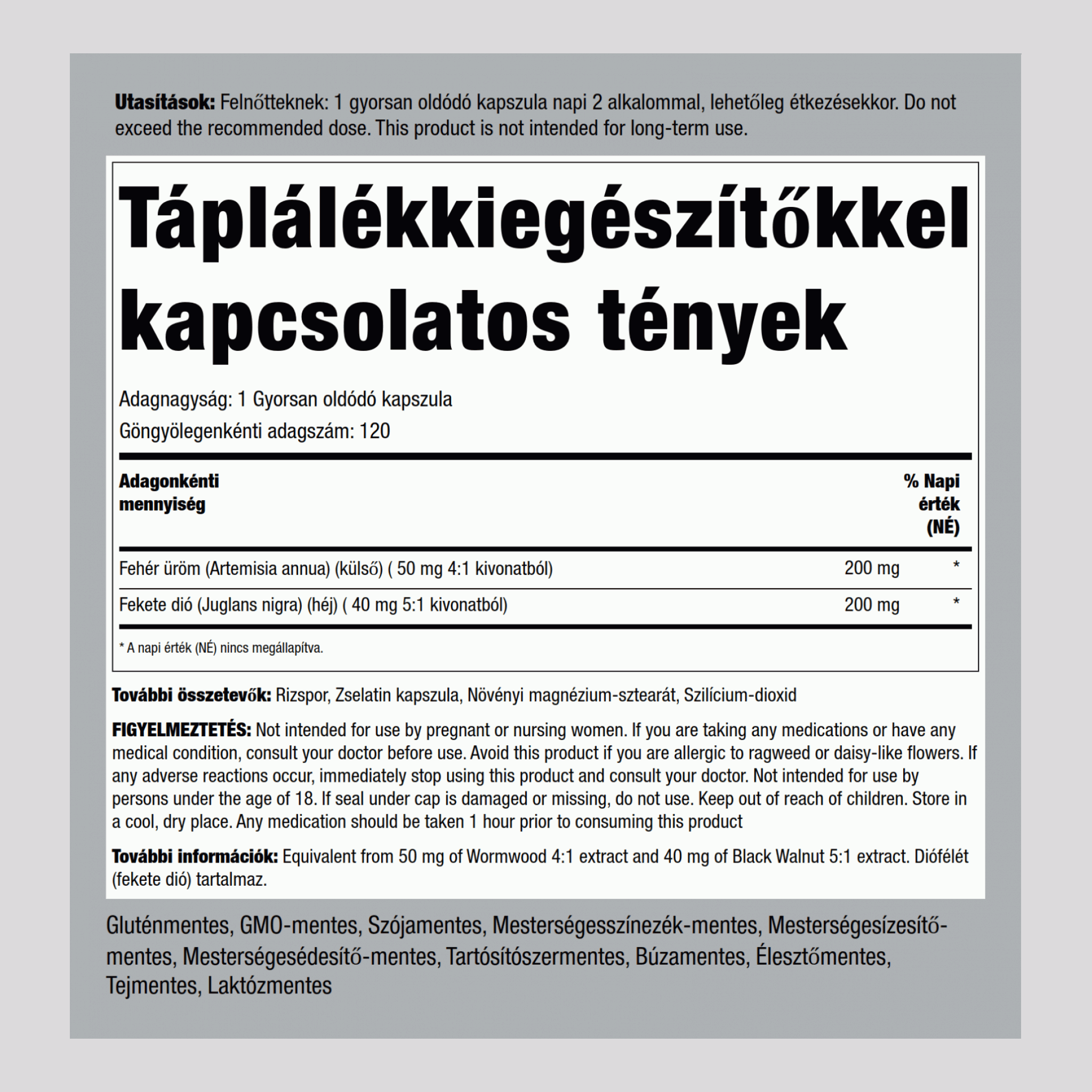 Fekete üröm feketedió összetétel 400 mg 120 Gyorsan oldódó kapszula     