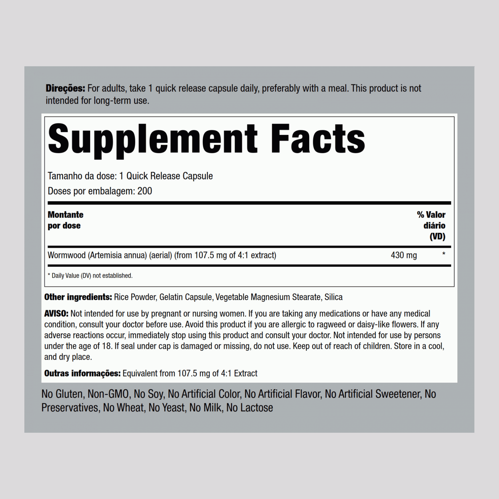 Absinto (Artemisia annua) 430 mg 200 Cápsulas de Rápida Absorção  