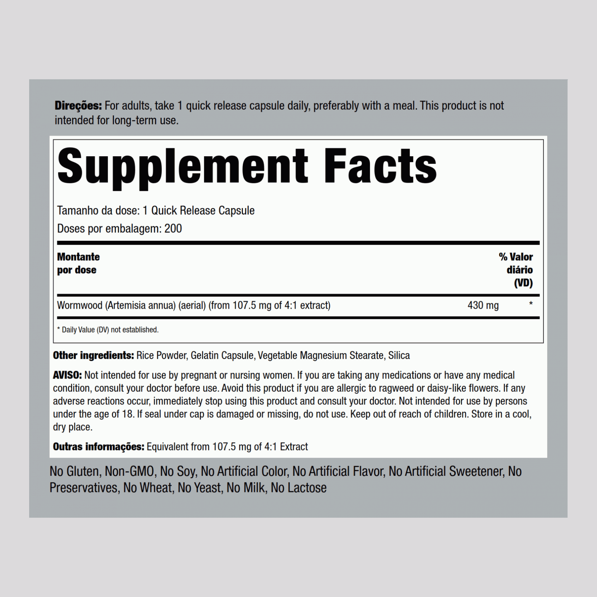 Absinthe (artemisia annua),  430 mg 200 Gélules à libération rapide 2 Bouteilles