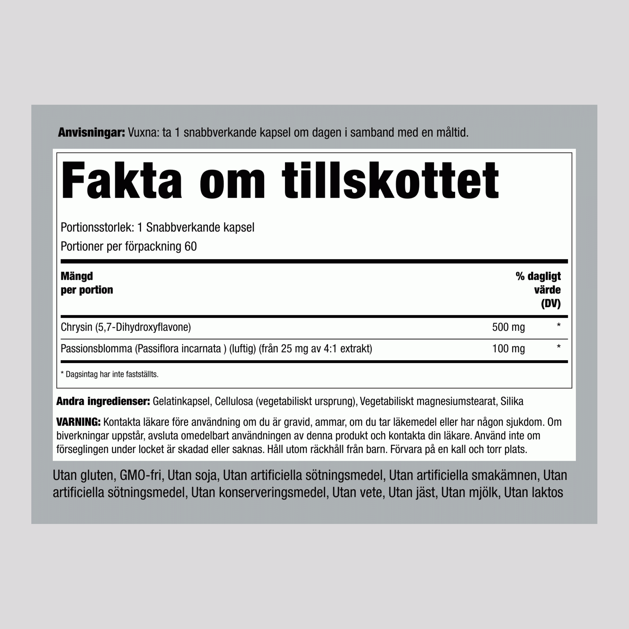 Chrysinextrakt (extrakt av passionsblomma) 500 mg 60 Snabbverkande kapslar     