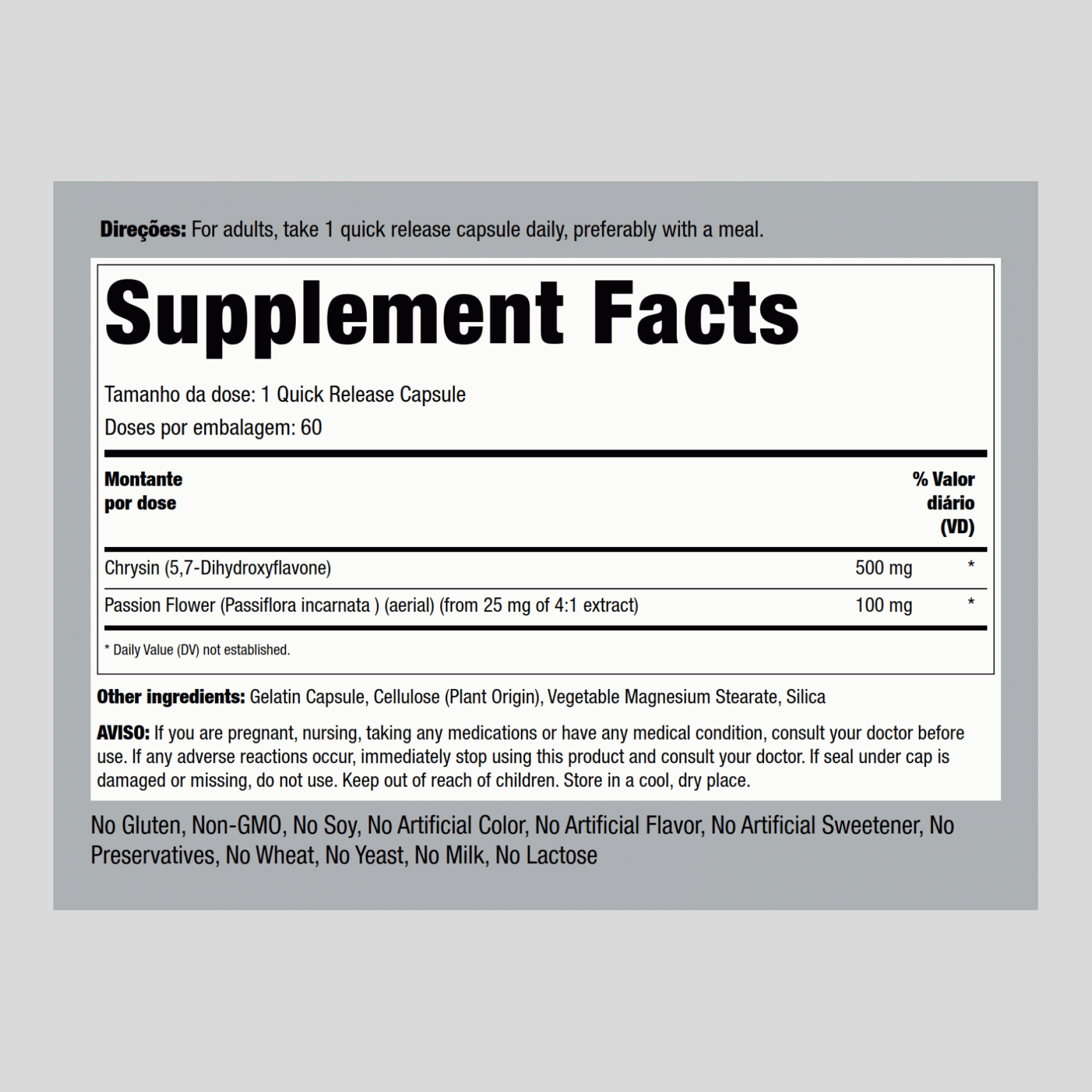 Extrato de crisina (extrato de passiflora) 500 mg 60 Cápsulas de Rápida Absorção     