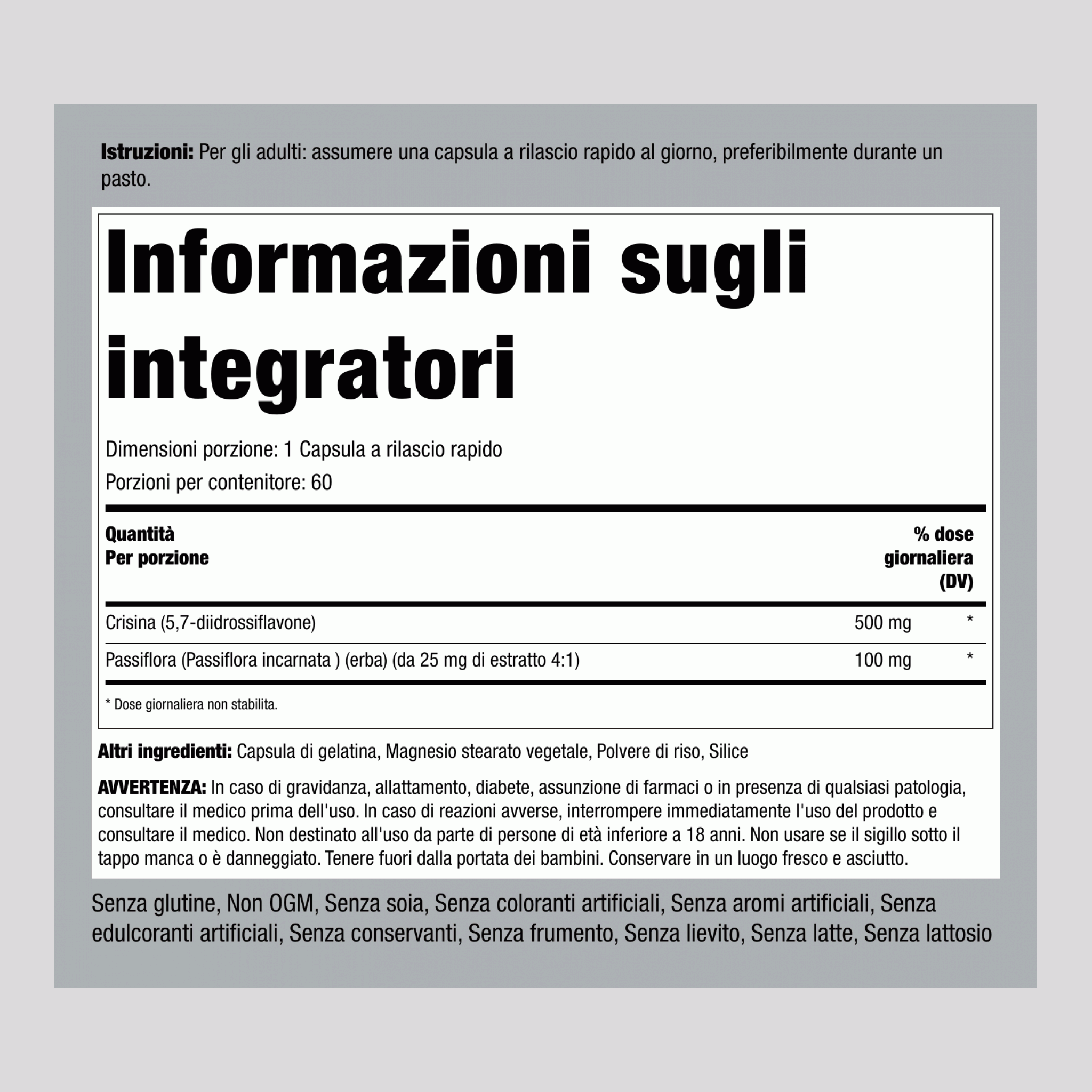 Estratto di crisina (Estratto di fiore della passione) 500 mg 60 Capsule a rilascio rapido 2 Bottiglie   