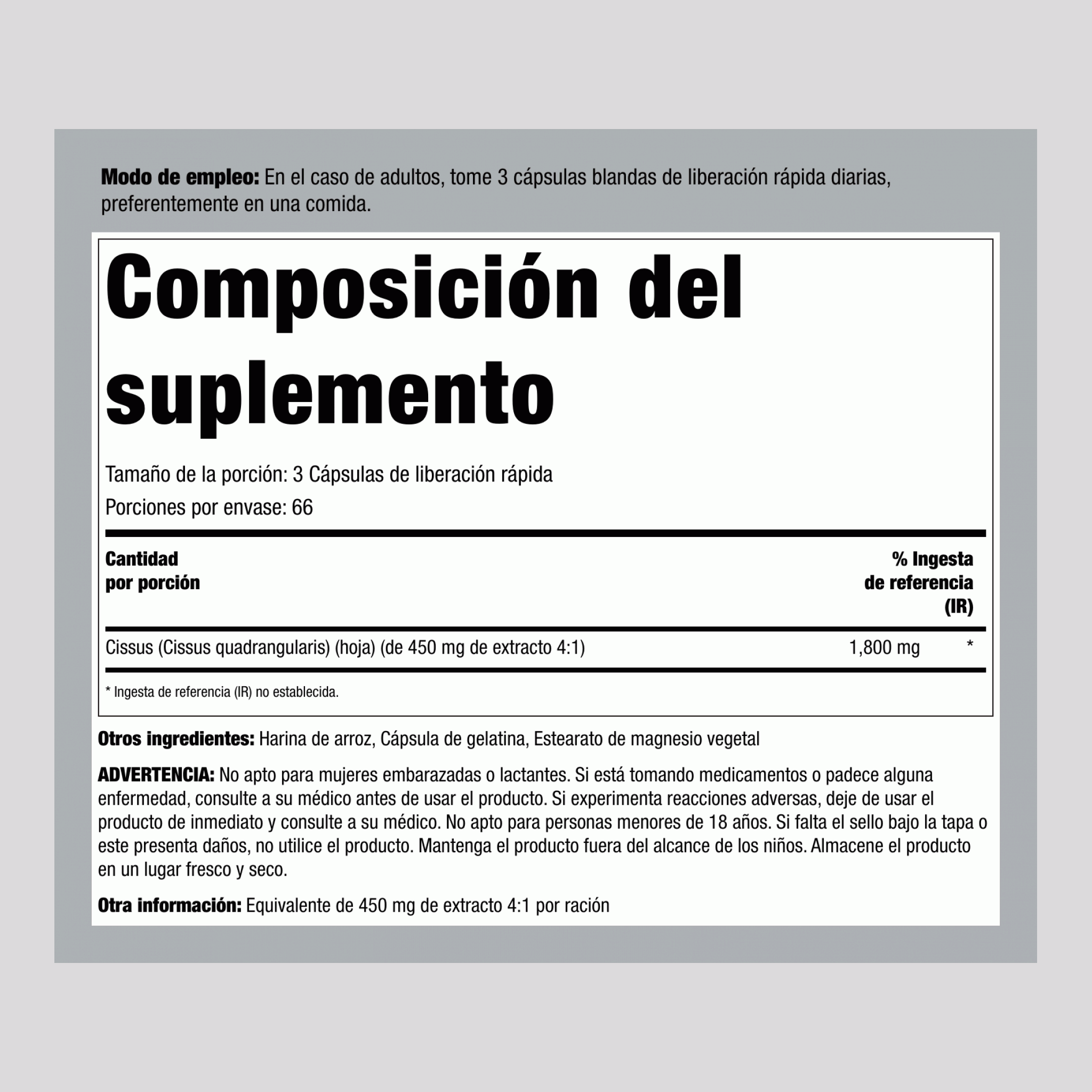 Cissus Quadrangularis,  1800 mg (por porción) 200 Cápsulas de liberación rápida 2 Botellas/Frascos