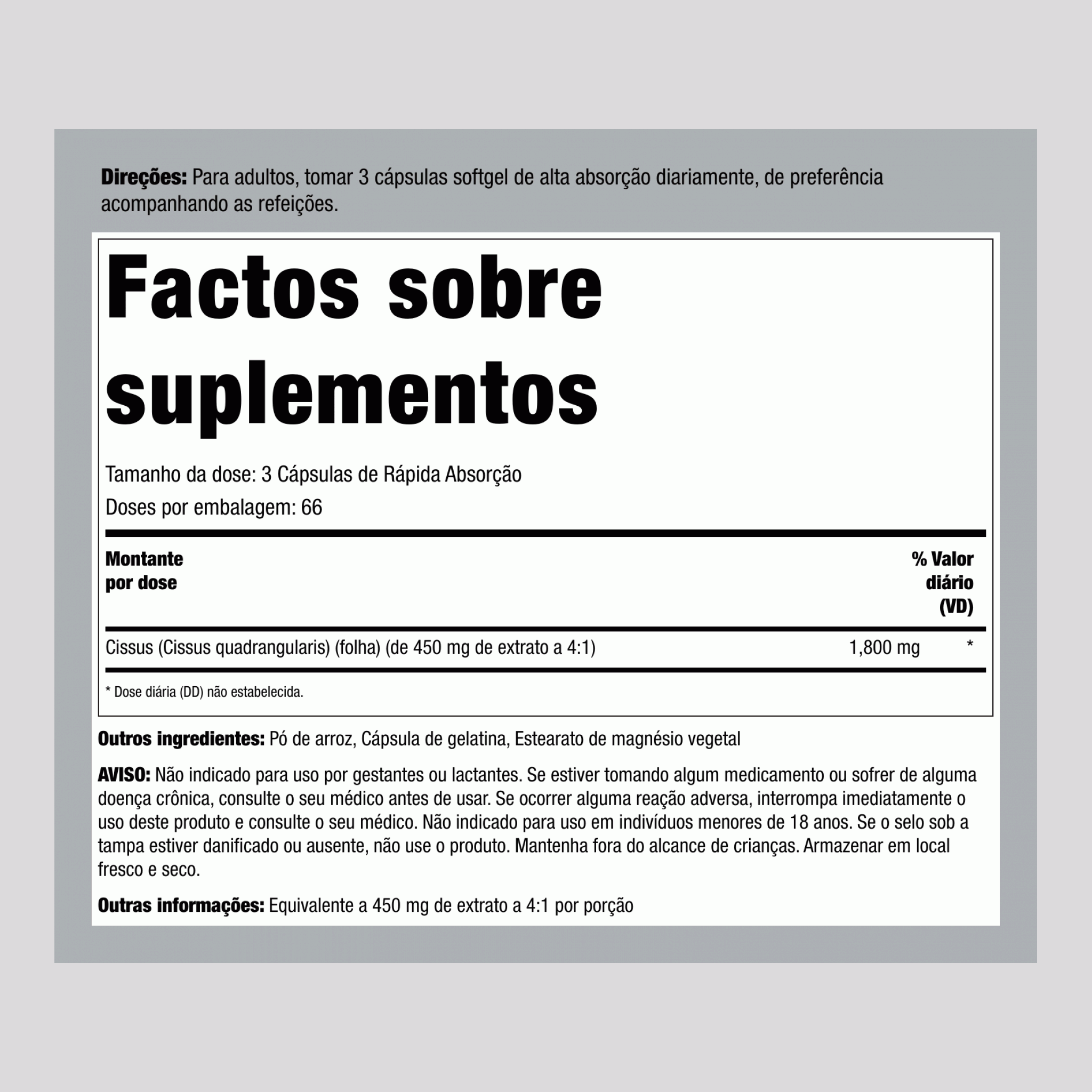 Cissus quadrangularis,  1800 mg (por dose) 200 Cápsulas de Rápida Absorção 2 Frascos