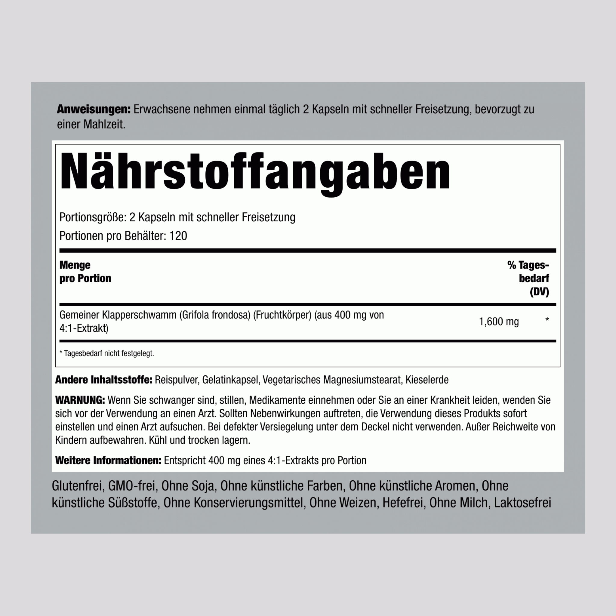 Maitake-Pilz Extrakt (Laubporling) 1600 mg (pro Portion) 240 Kapseln mit schneller Freisetzung 2 Flaschen  