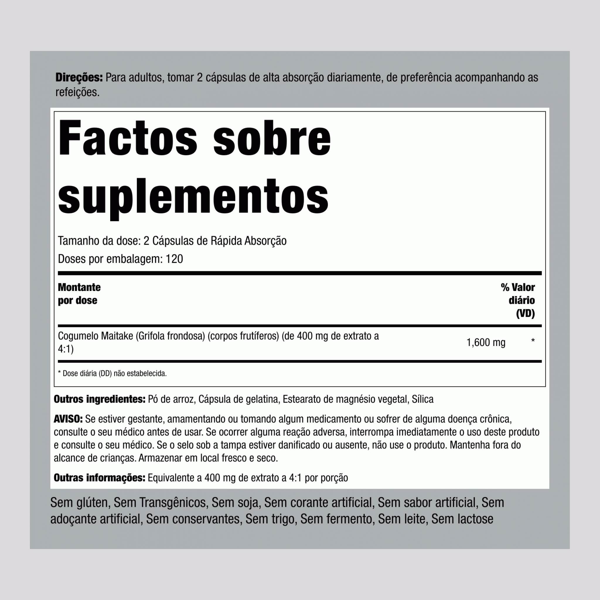 Extrato de cogumelos de maitake  1600 mg (por dose) 240 Cápsulas de Rápida Absorção 2 Frascos  