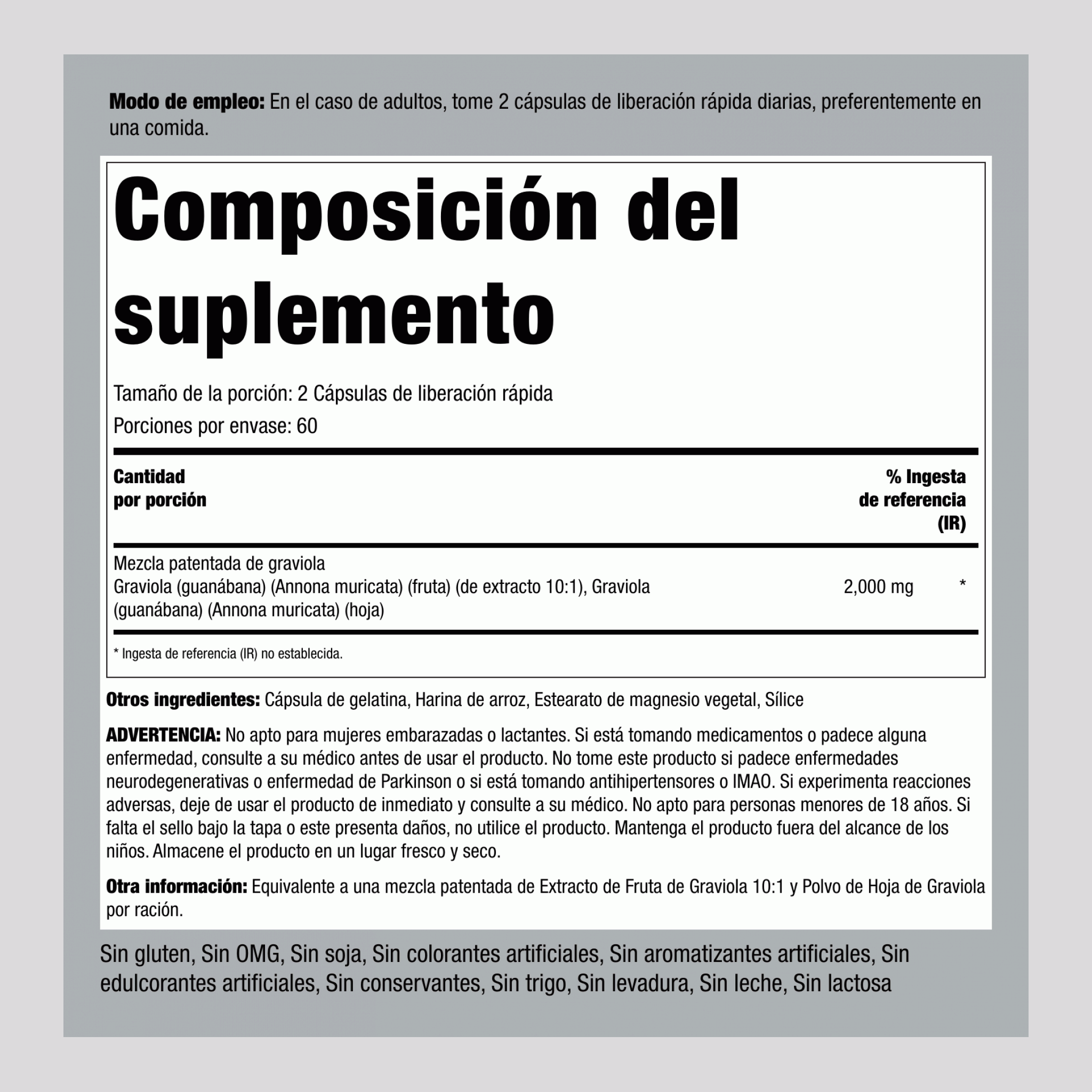 Graviola - Guanábana 2000 mg (por porción) 120 Cápsulas de liberación rápida     