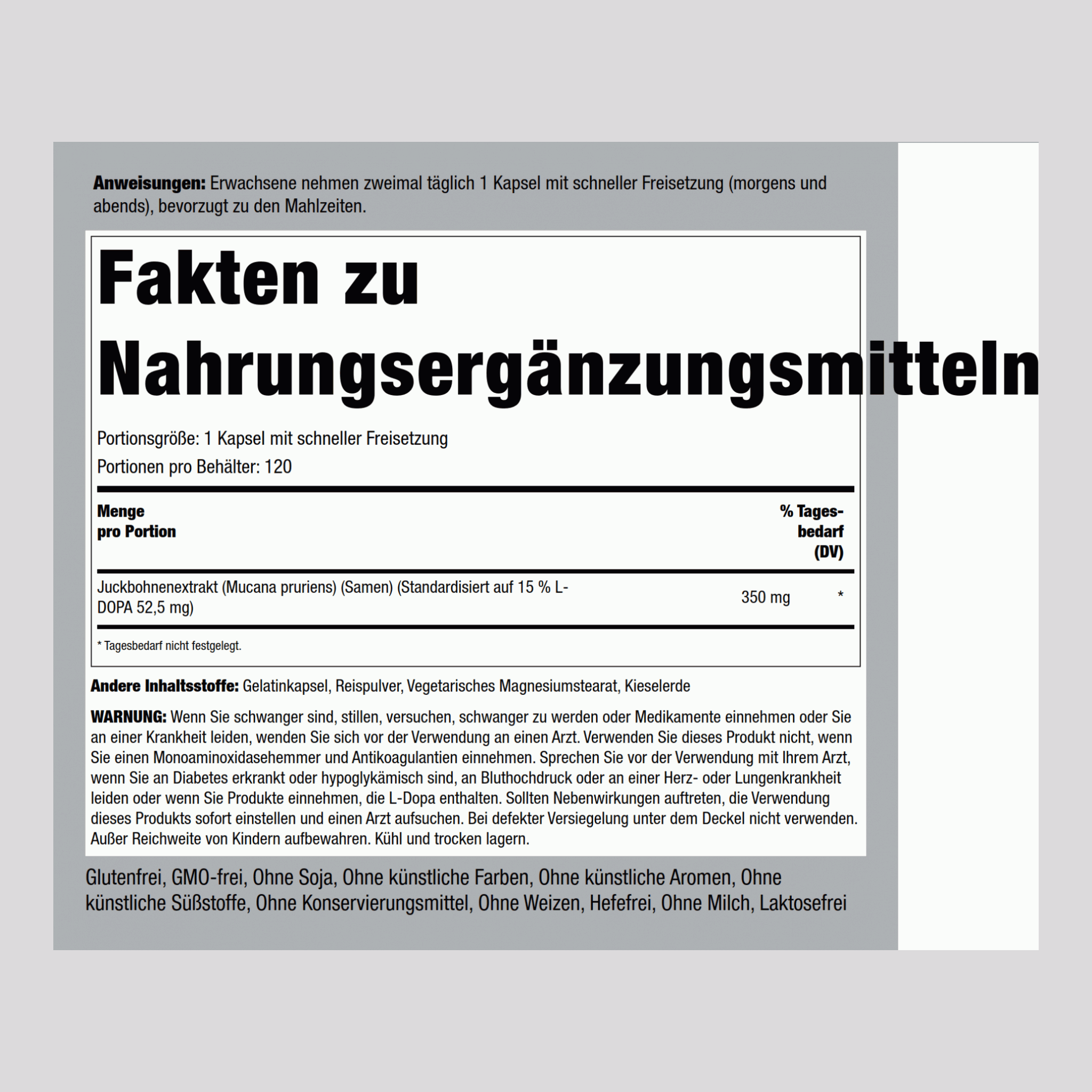 Standardisierter Mucuna Pruriens Extrakt (Samtbohne)  350 mg 180 Kapseln mit schneller Freisetzung ,2 Flaschen   