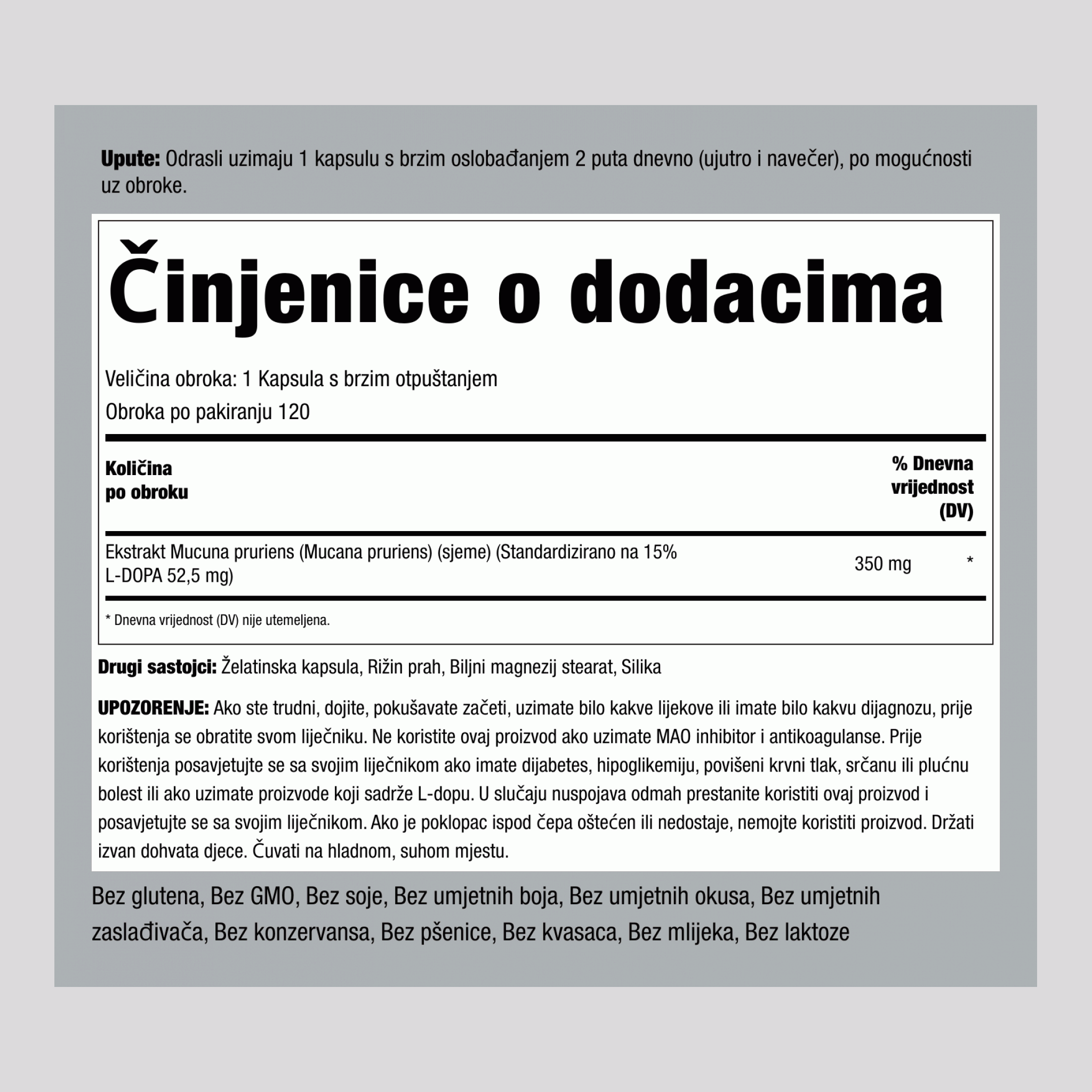 Mucuna pruriens standardizirana (baršunasti grah)  350 mg 180 Kapsule s brzim otpuštanjem ,2 Boce   