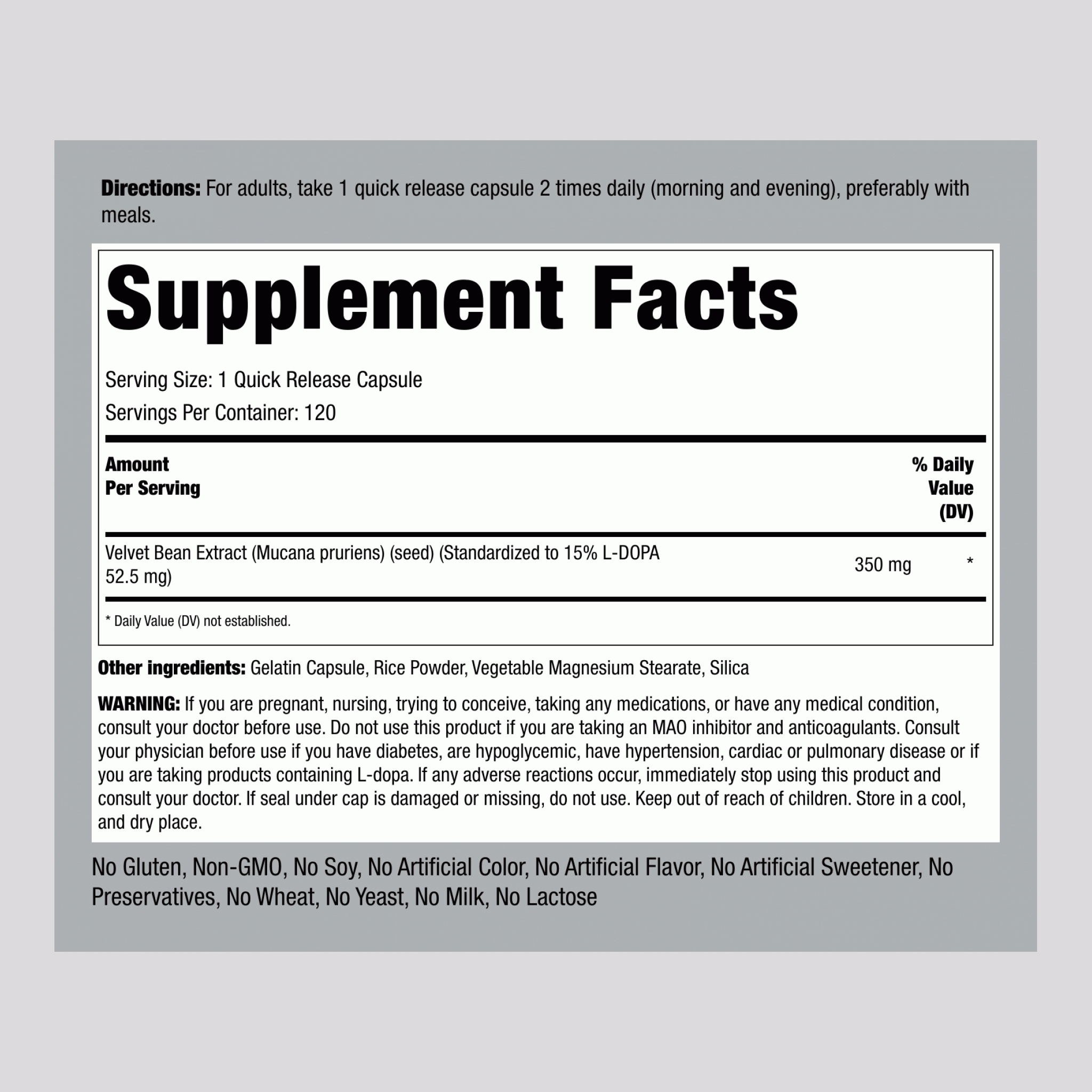 標準化刺毛黧豆（絨豆） 350 mg 180 快速釋放膠囊 ,2 瓶子   