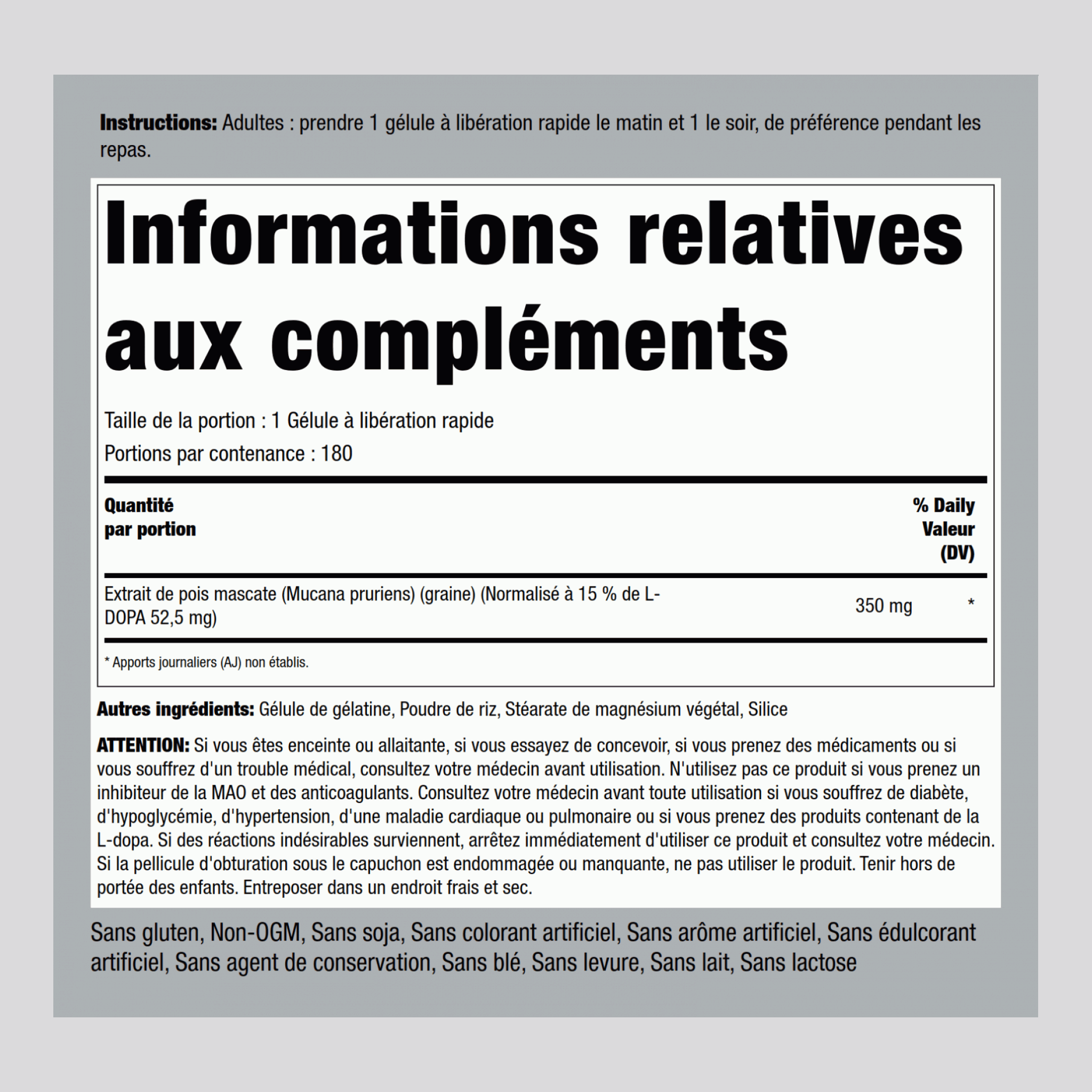 DOPA Mucuna Pruriens normalisée 350 mg 180 Gélules à libération rapide     