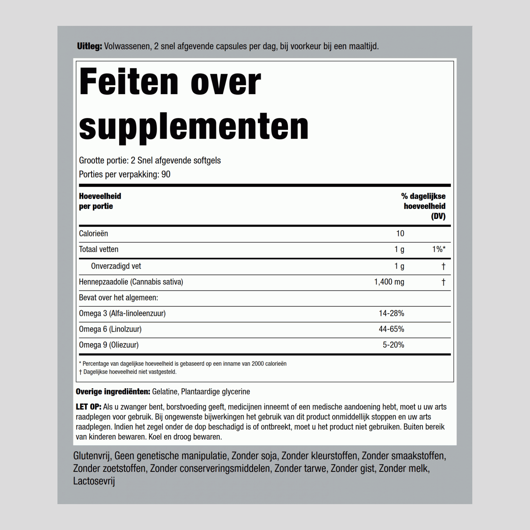 Hennepzaadolie (koud geperst) 1400 mg (per portie) 180 Snel afgevende softgels     