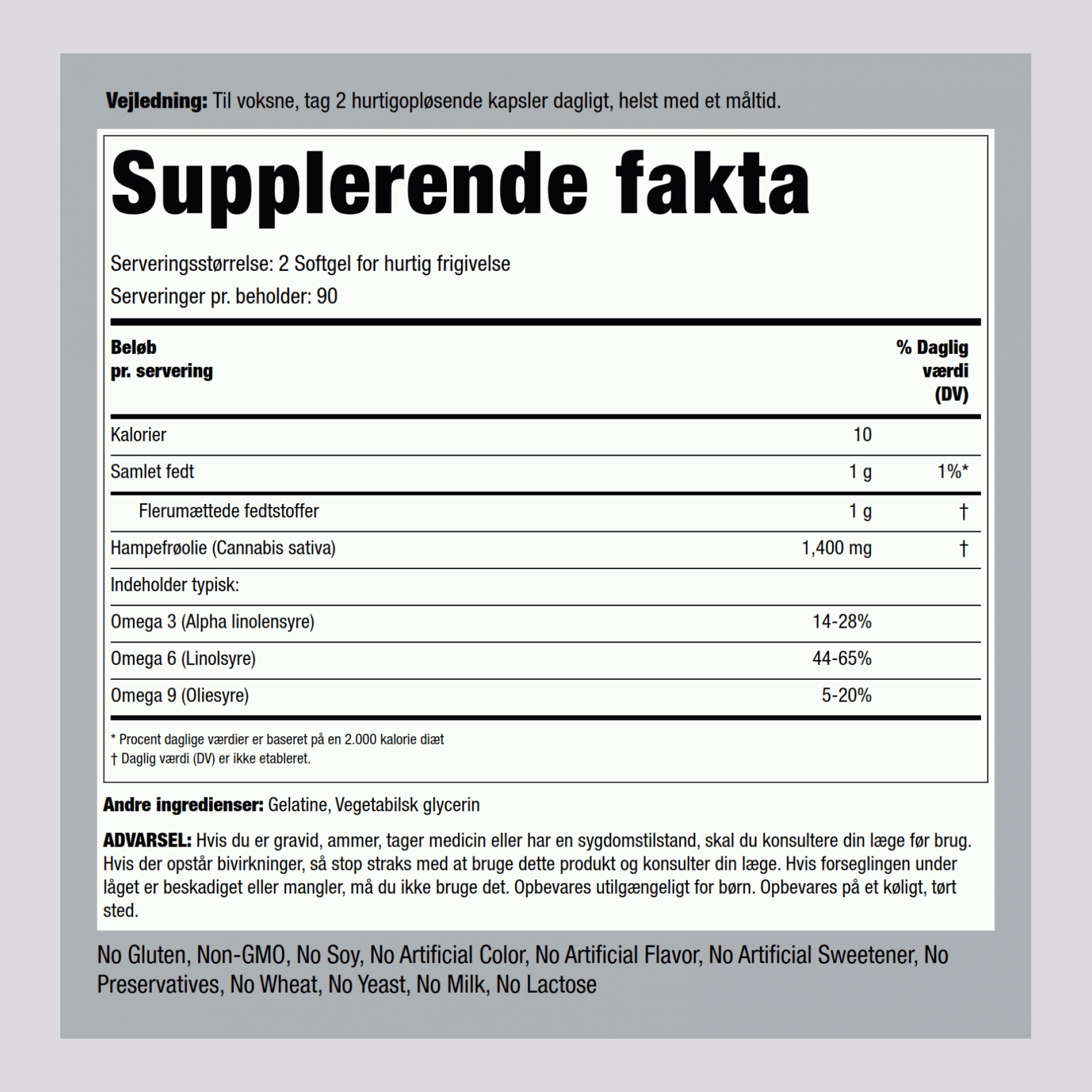 Hampefrøolie (koldpresset) 1400 mg (pr. dosering) 180 Softgel for hurtig frigivelse     