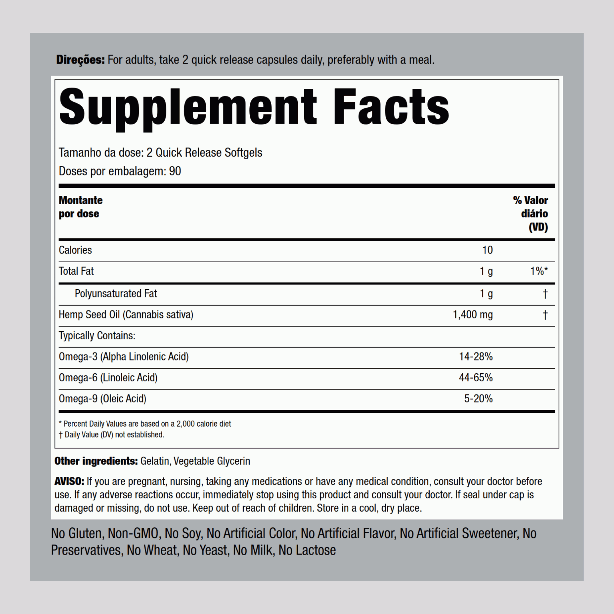 Óleo de sementes de cânhamo (pressão a frio) 1400 mg (por dose) 180 Gels de Rápida Absorção     