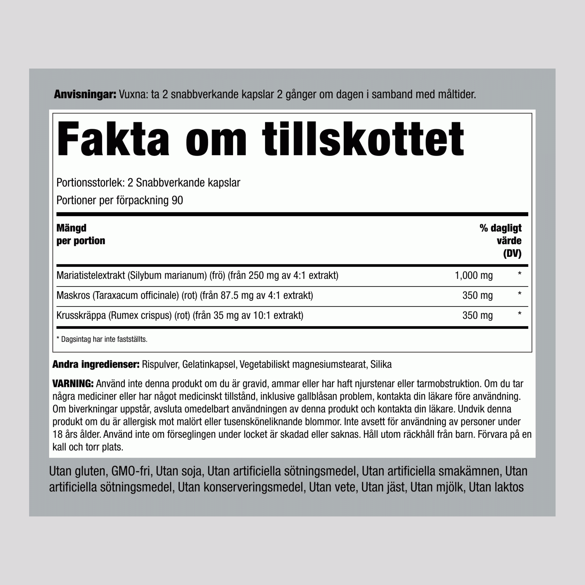 Mariatistel, maskros och krusskräppa 180 Snabbverkande kapslar       