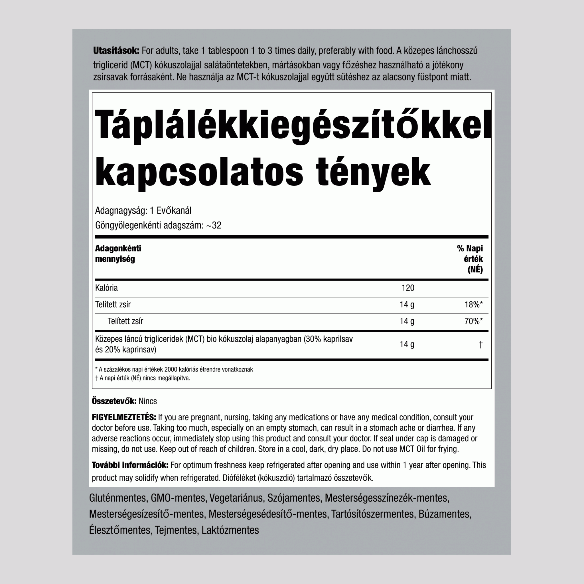 MCT olaj (közepes láncú trigliceridek) 16 fl oz 473 ml Palack    