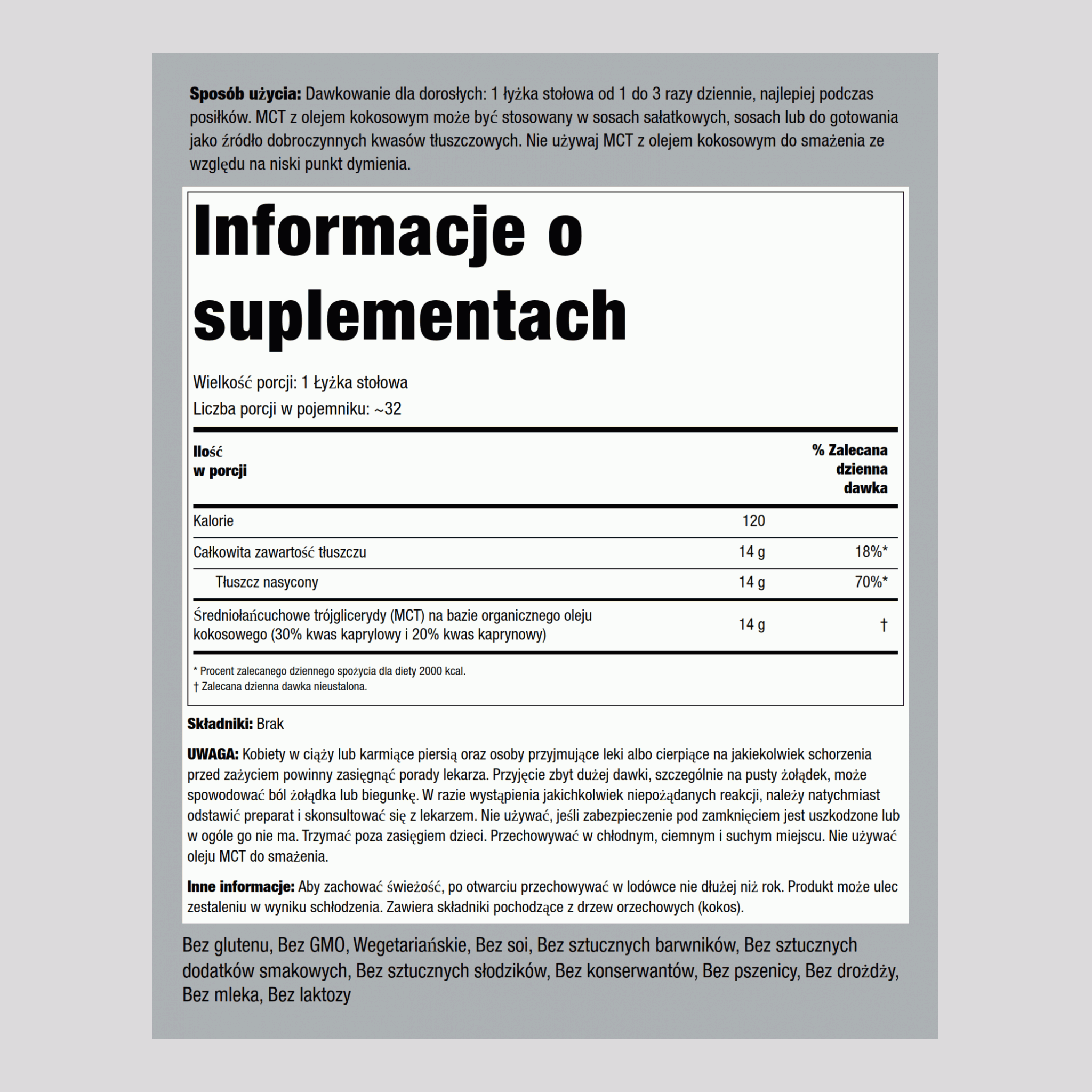 Olej MCT (trójglicerydy średniołańcuchowe) 16 Uncje sześcienne 473 ml Butelka    