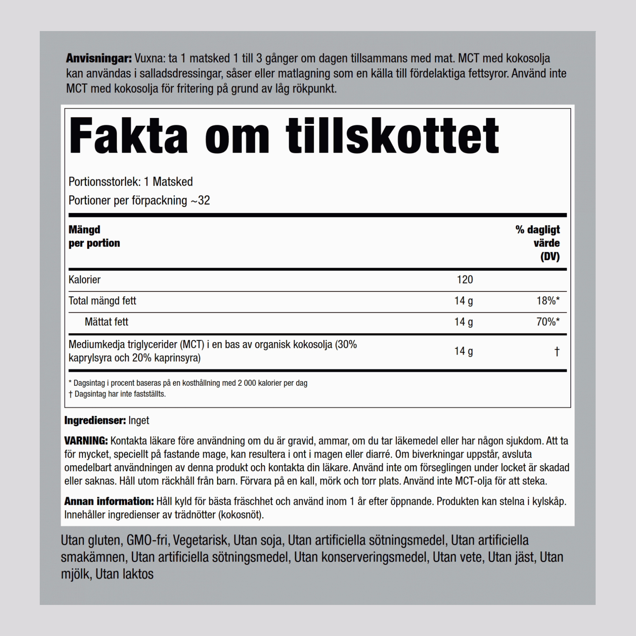 MCT-olja (medellånga triglycerider) 16 fl oz 473 ml Flaska    