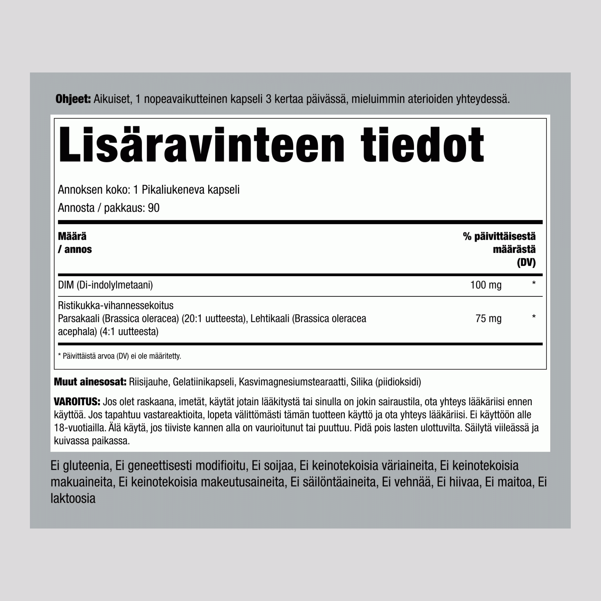 DIM di-indolyylimetaanikompleksi,  100 mg 90 Pikaliukenevat kapselit 2 Pulloa