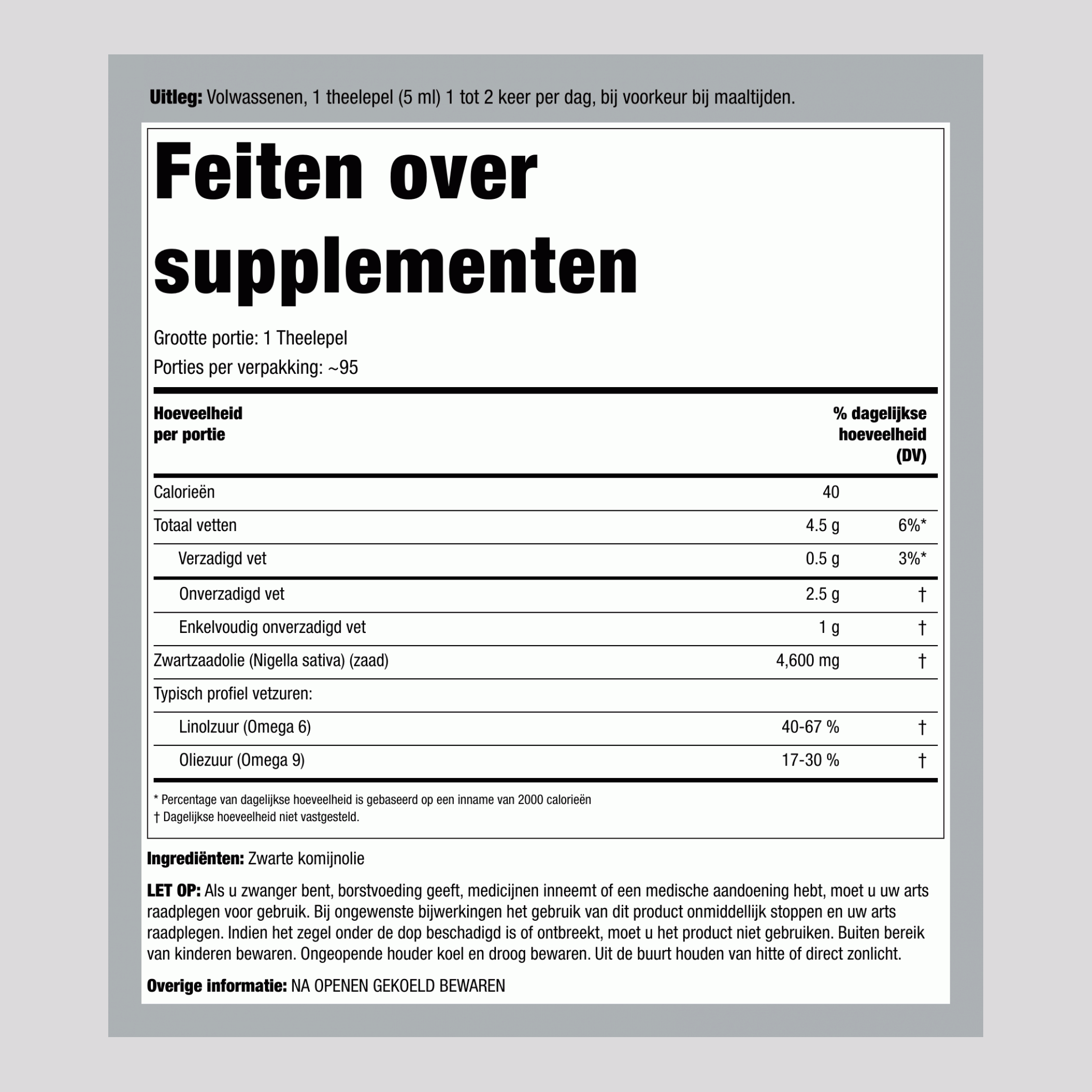 Zwart zaadolie (komijnzaad) - koudgeperst 16 fl oz 473 mL Fles    