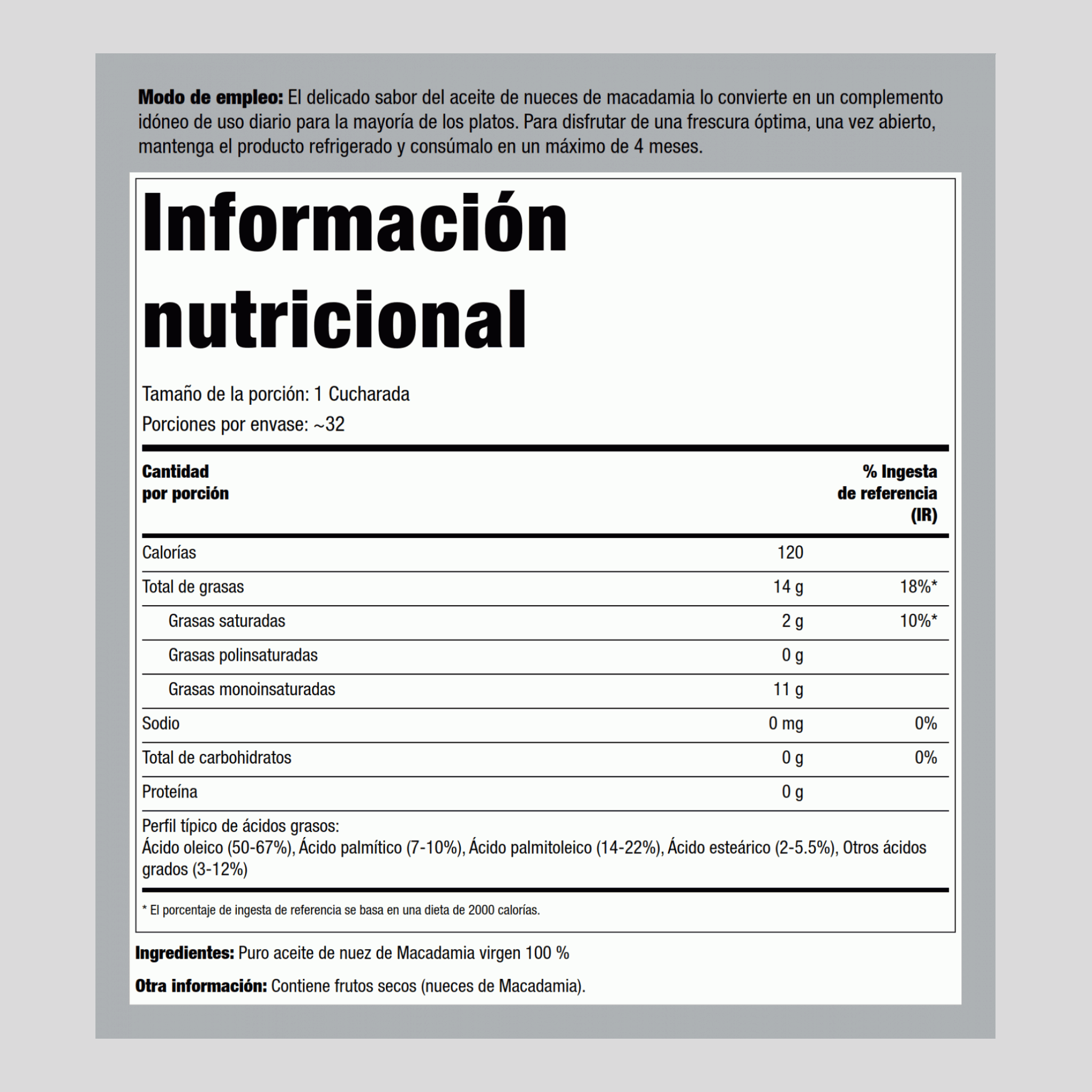 Aceite de nuez de macadamia 16 fl oz 473 mL Botella/Frasco    