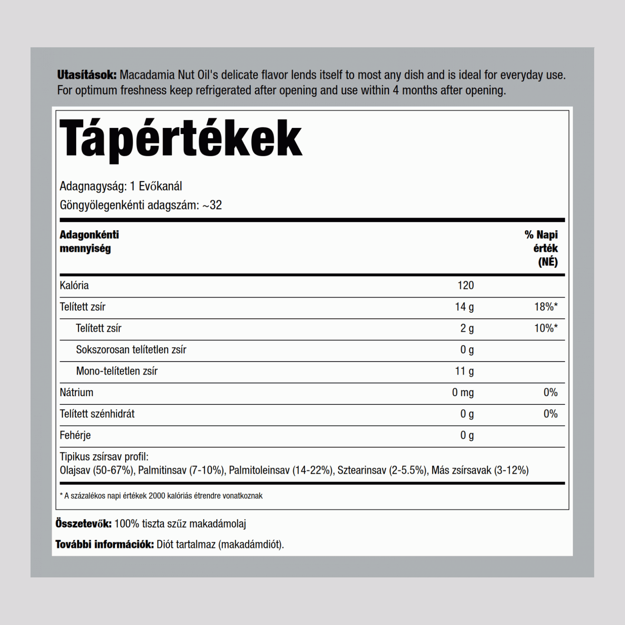 Makadámdió-olaj 16 fl oz 473 ml Palack    