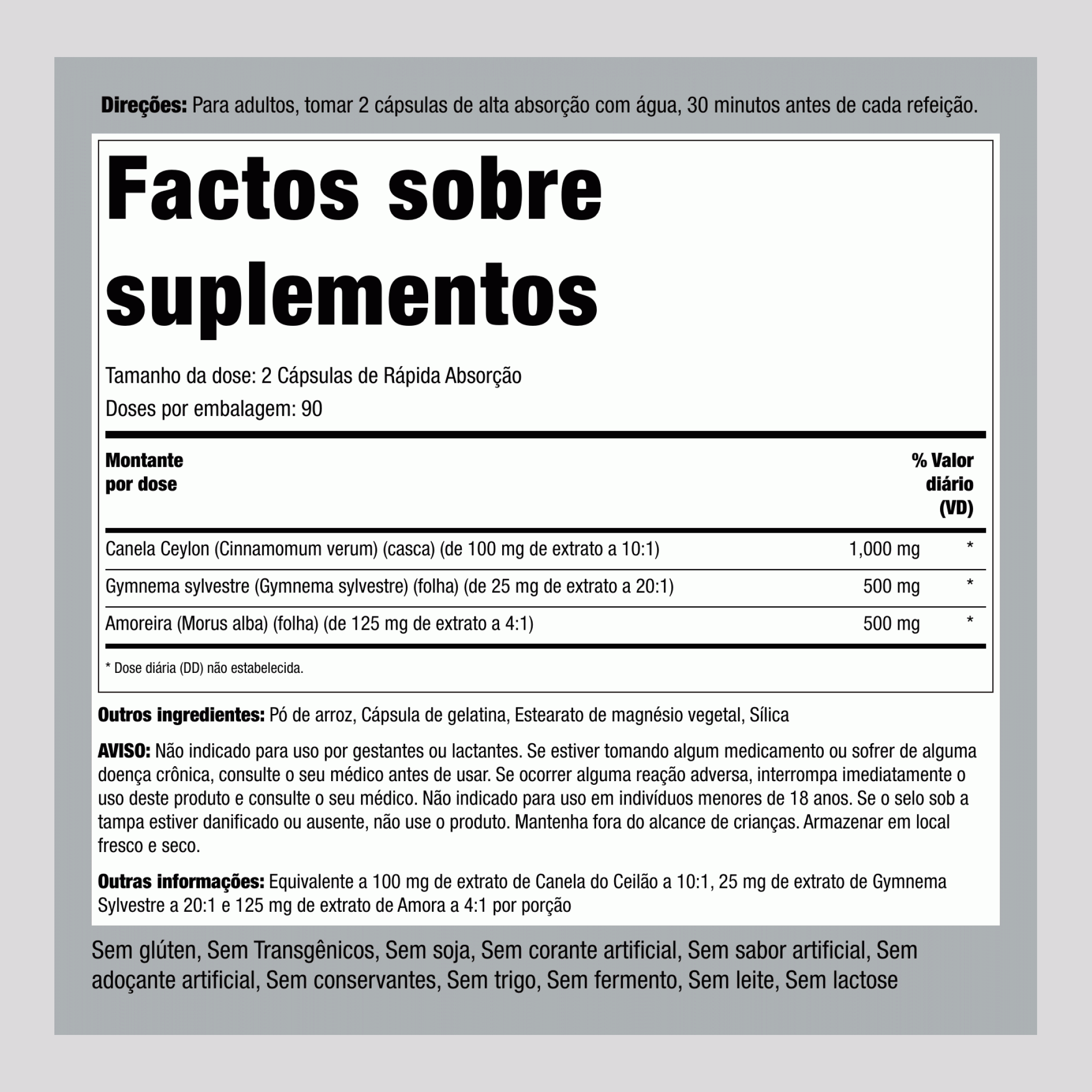 Complexo de Canela Gymnema Amora  2000 mg (por dose) 180 Cápsulas de Rápida Absorção     