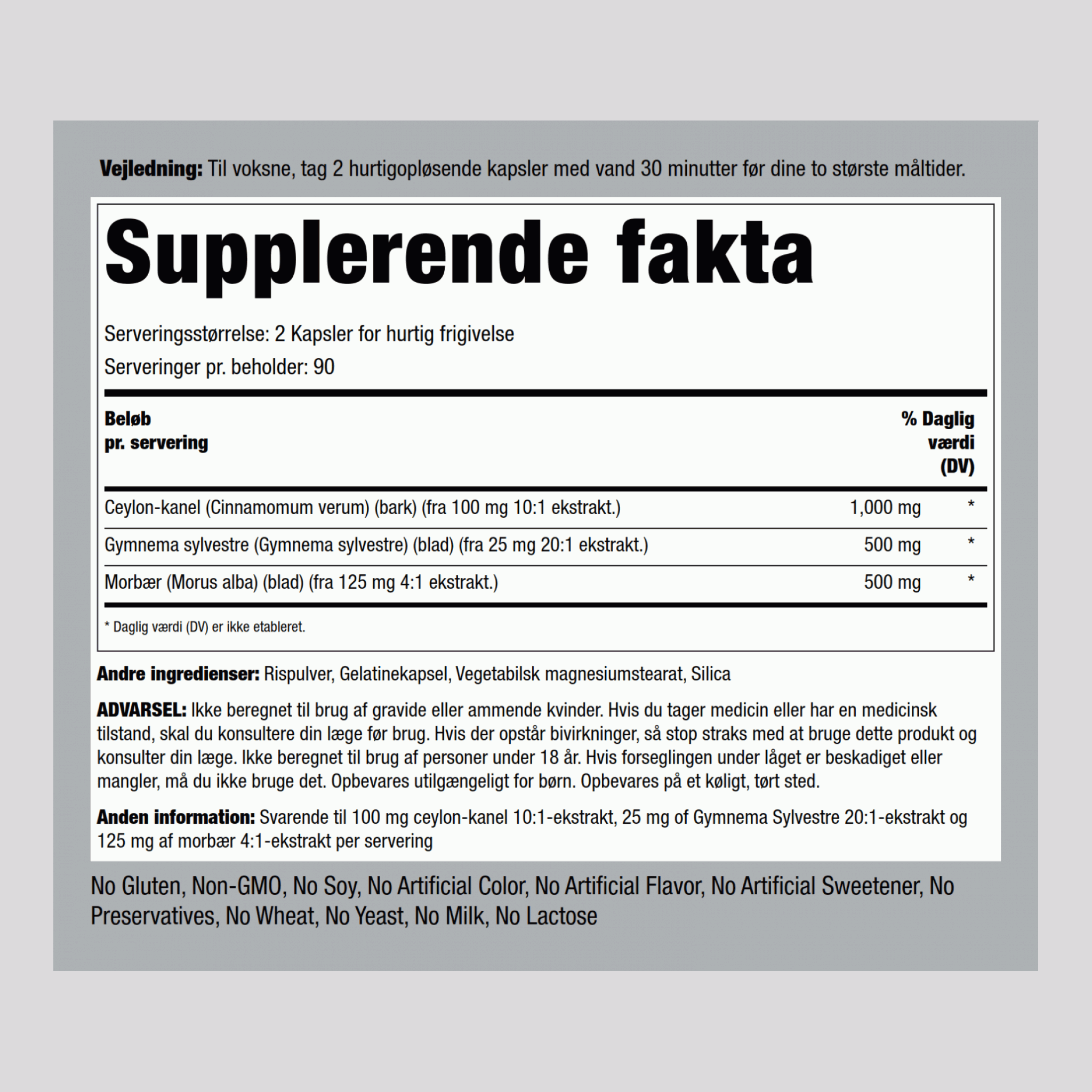 Kanel Gymnema-morbær Complex 2000 mg (pr. dosering) 180 Kapsler for hurtig frigivelse     