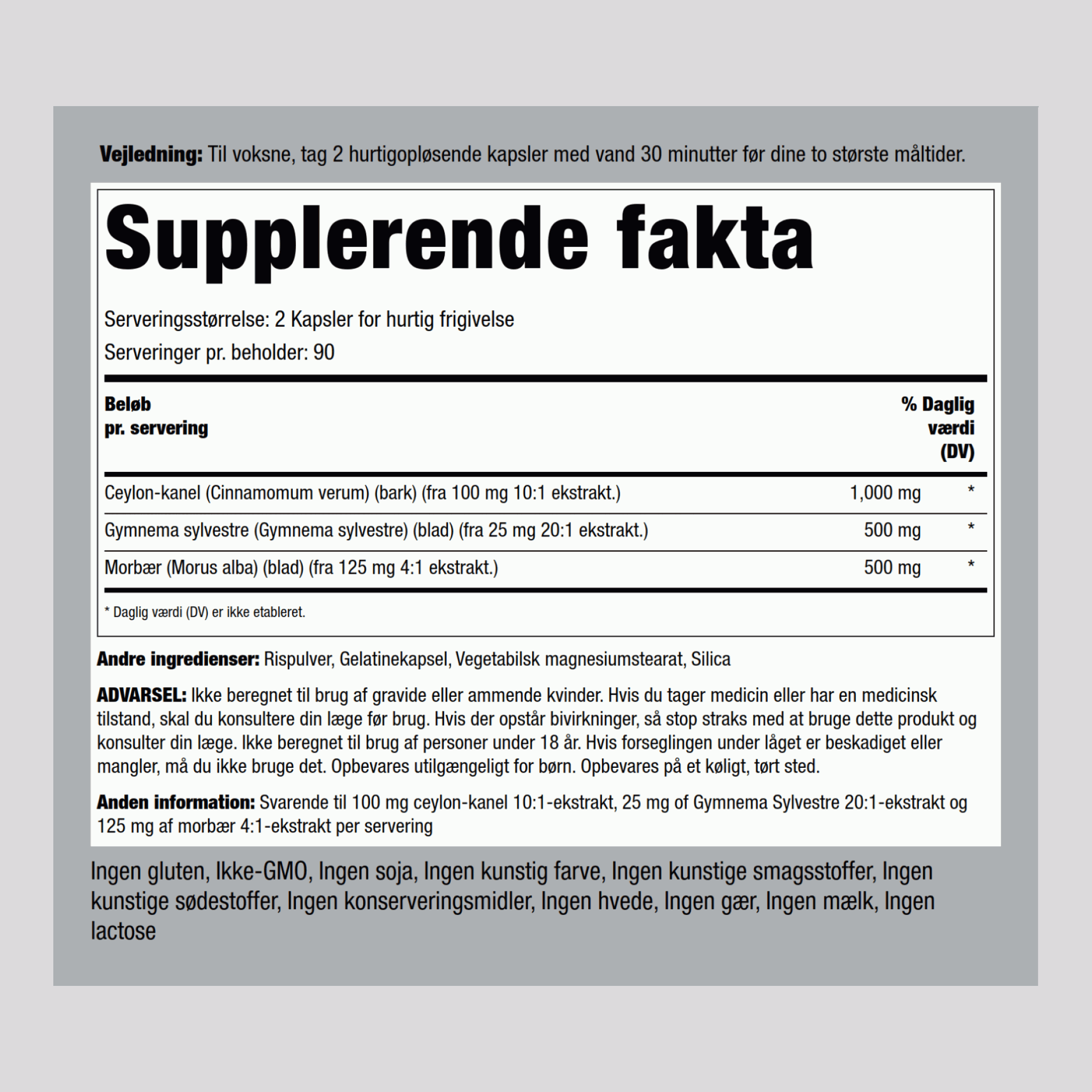 Kanel Gymnema-morbær Complex 2000 mg (pr. dosering) 180 Kapsler for hurtig frigivelse     