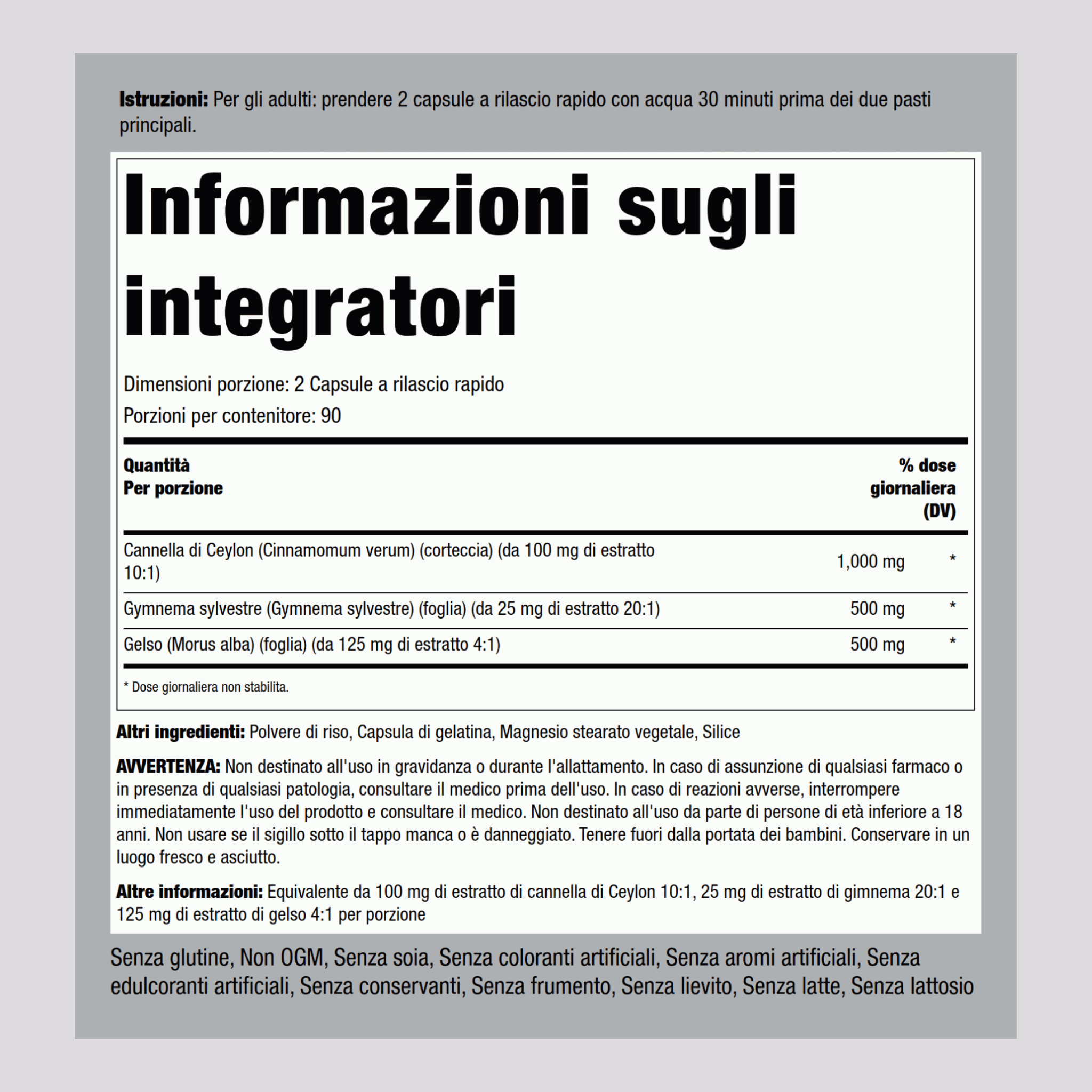 Complesso di cannella gymnema gelso  2000 mg (per dose) 180 Capsule a rilascio rapido     