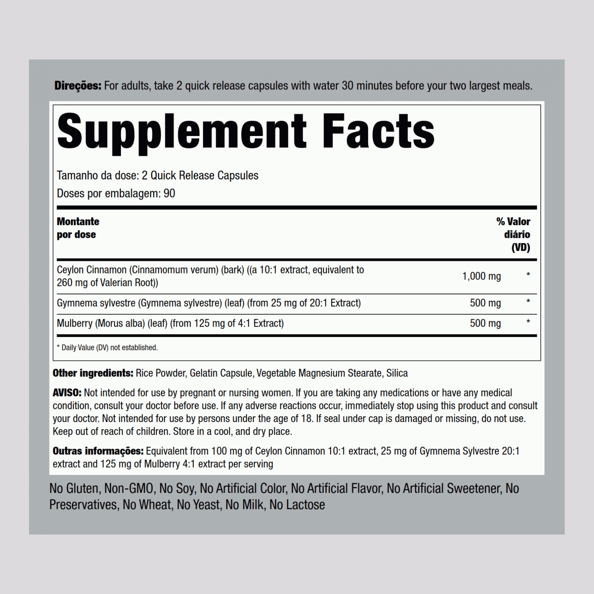 Complexo de Canela Gymnema Amora  2000 mg (por dose) 180 Cápsulas de Rápida Absorção     