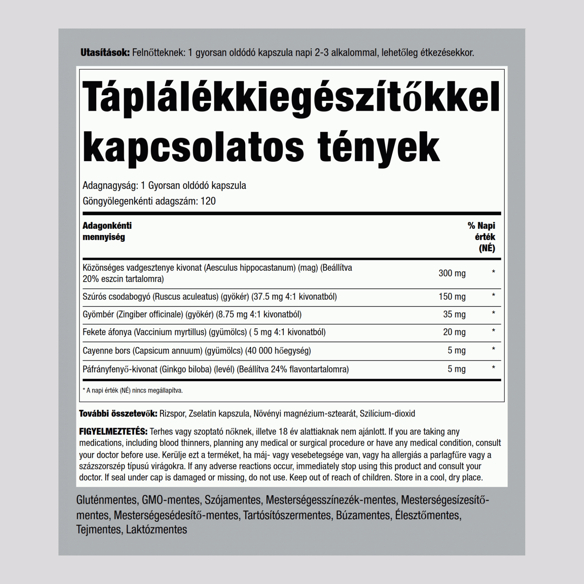 Láb vérkeringése összetétel (kétszeres erősség) 120 Gyorsan oldódó kapszula       