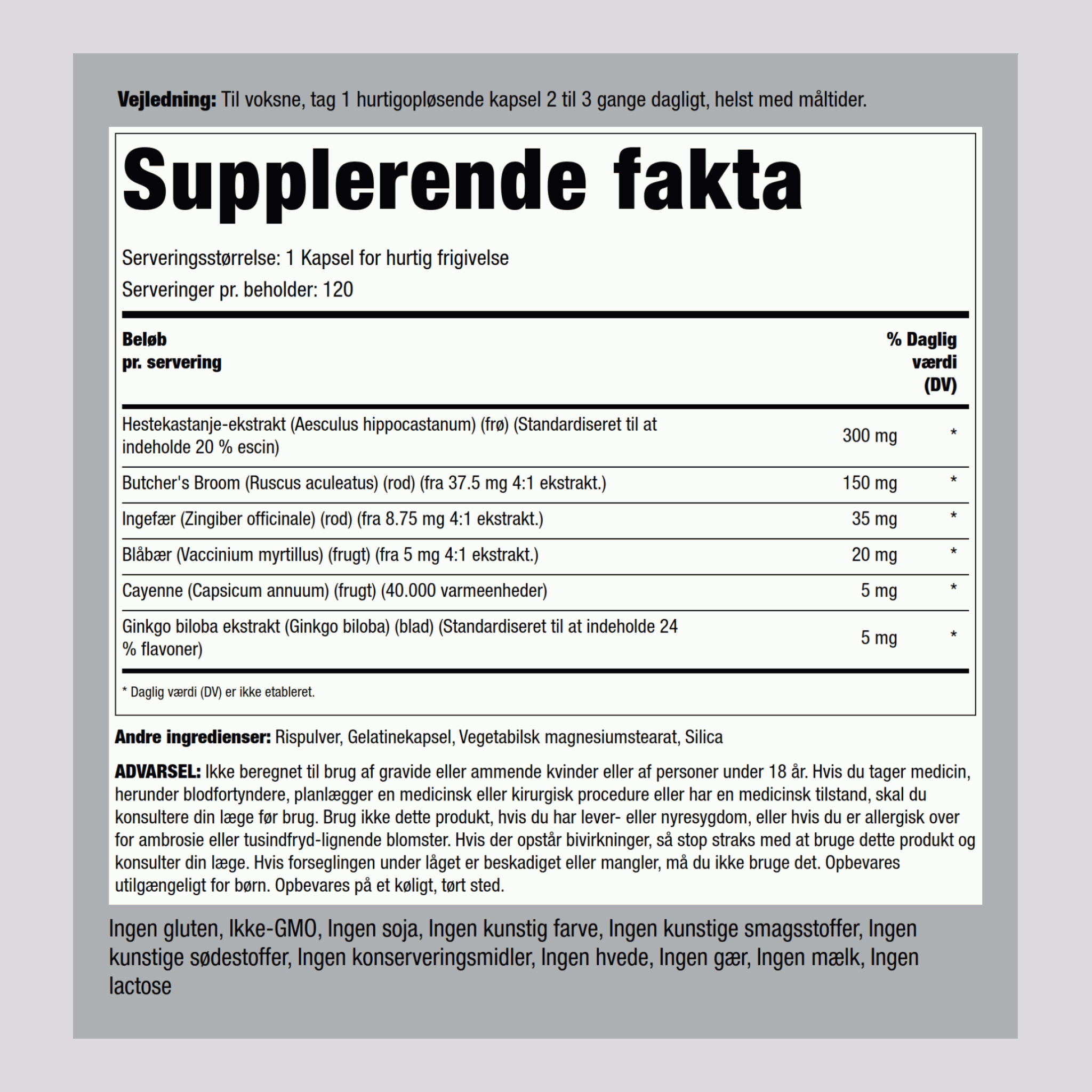 Complex, der styrker blodcirkulation i benene (dobbeltvirkende) 120 Kapsler for hurtig frigivelse       