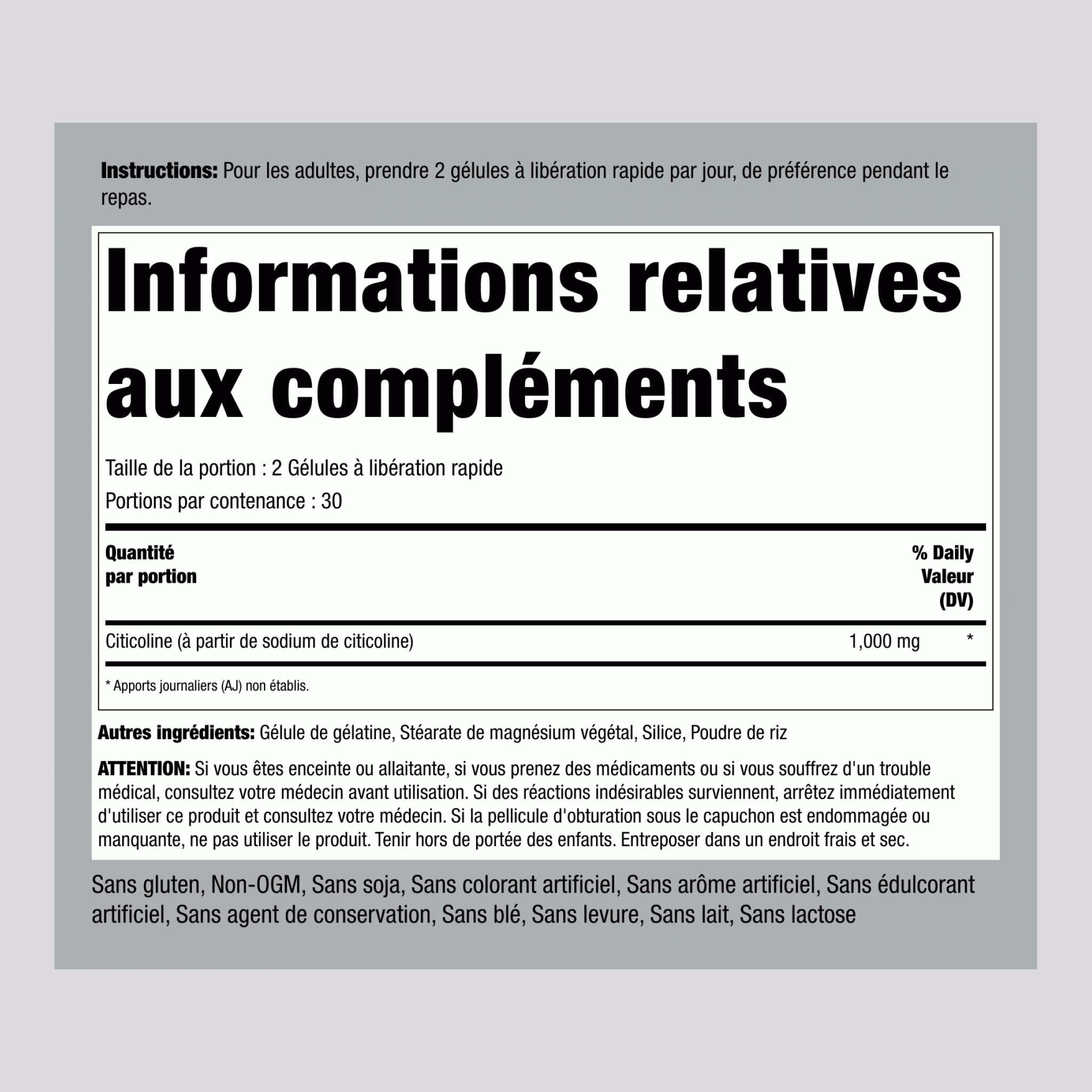 CDP Choline Citicoline,  1000 mg (par portion) 60 Gélules à libération rapide 2 Bouteilles