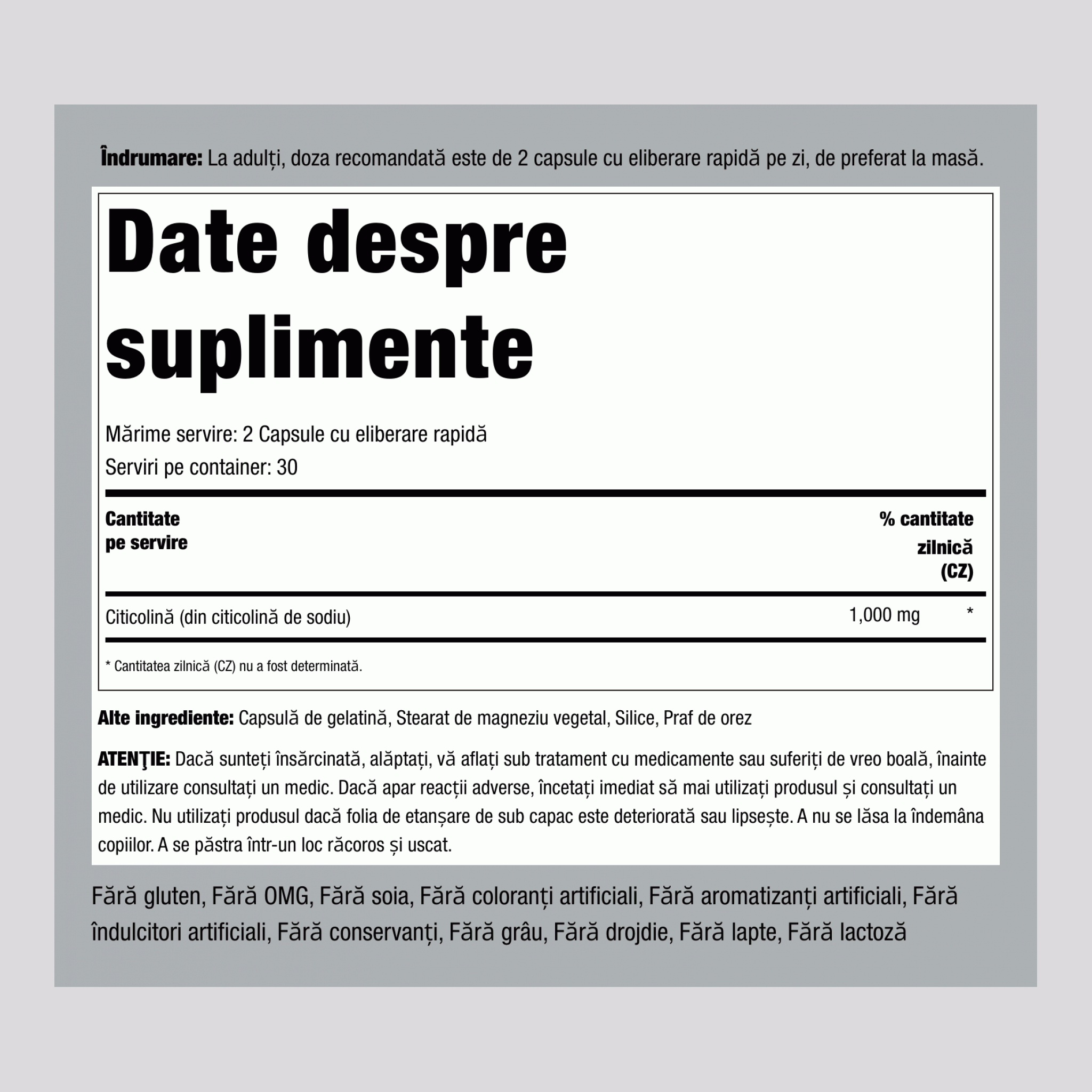 CDP Colină Citicolină,  1000 mg (per porție) 60 Capsule cu eliberare rapidă 2 Sticle