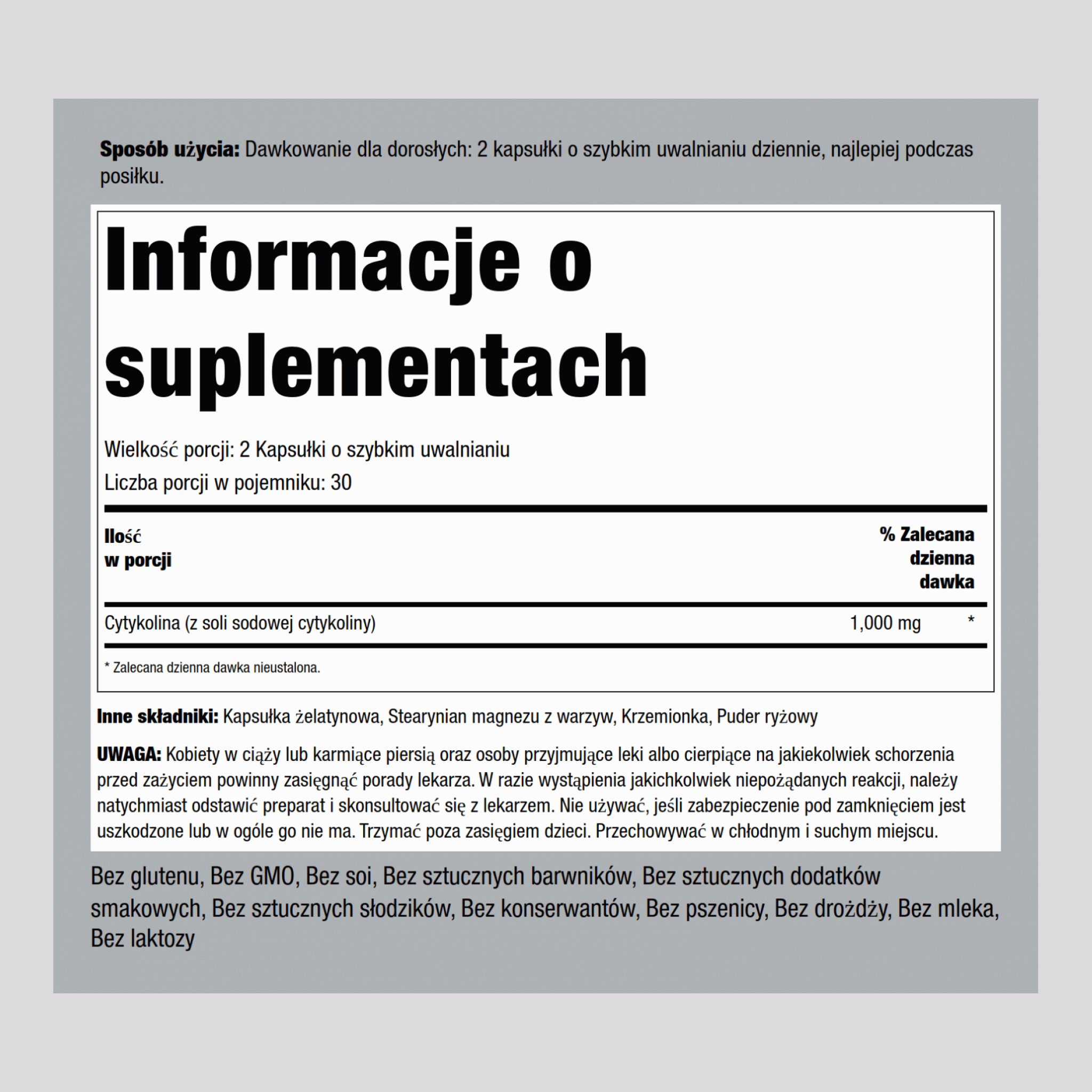 CDP Choline Citicoline,  1000 mg (par portion) 60 Gélules à libération rapide 2 Bouteilles