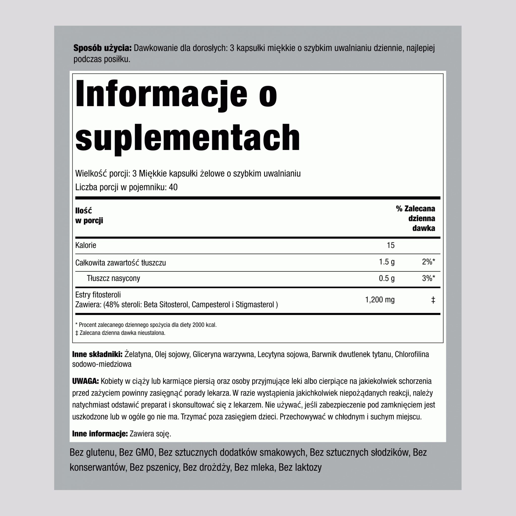 Kompleks Steroli Roślinnych z Beta-Sitosterolem, 1200 mg (na porcję), 120 Szybkouwalniających Kapsułek