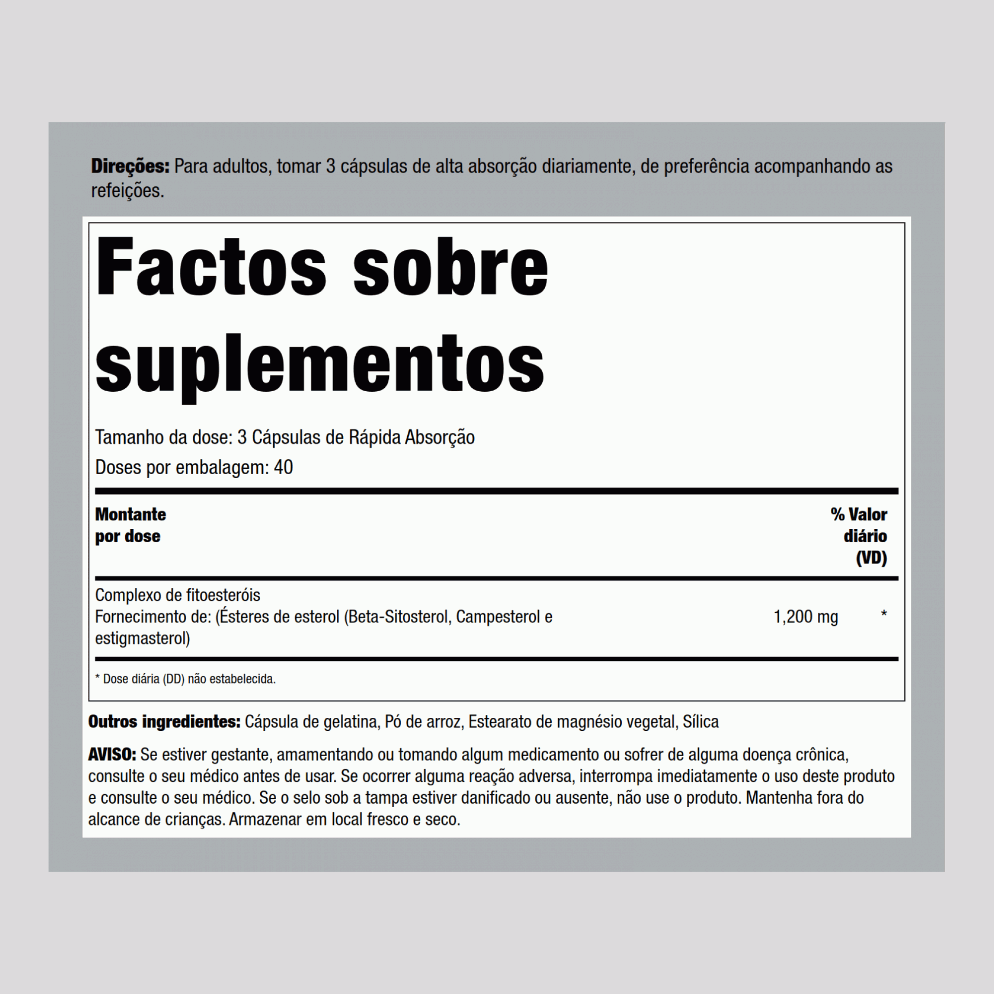 Complexo de esteroides de plantascom beta-sitosterol 1200 mg (por dose) 120 Cápsulas de Rápida Absorção       