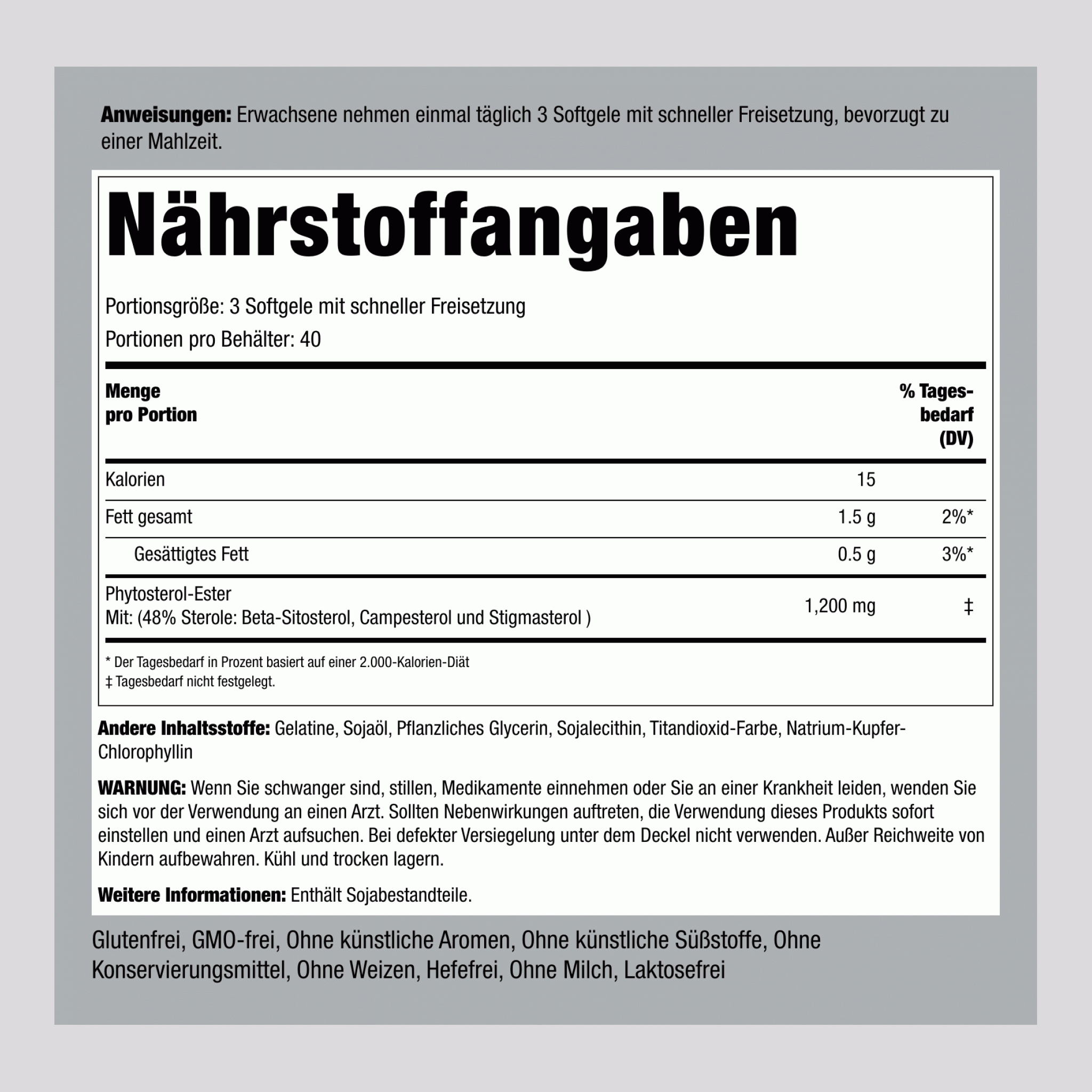PflanzensteroleKomplex mit Beta-Sitosterol 1200 mg (pro Portion) 1200 mg (pro Portion) 120 Softgele mit schneller Freisetzung 2 Flaschen    