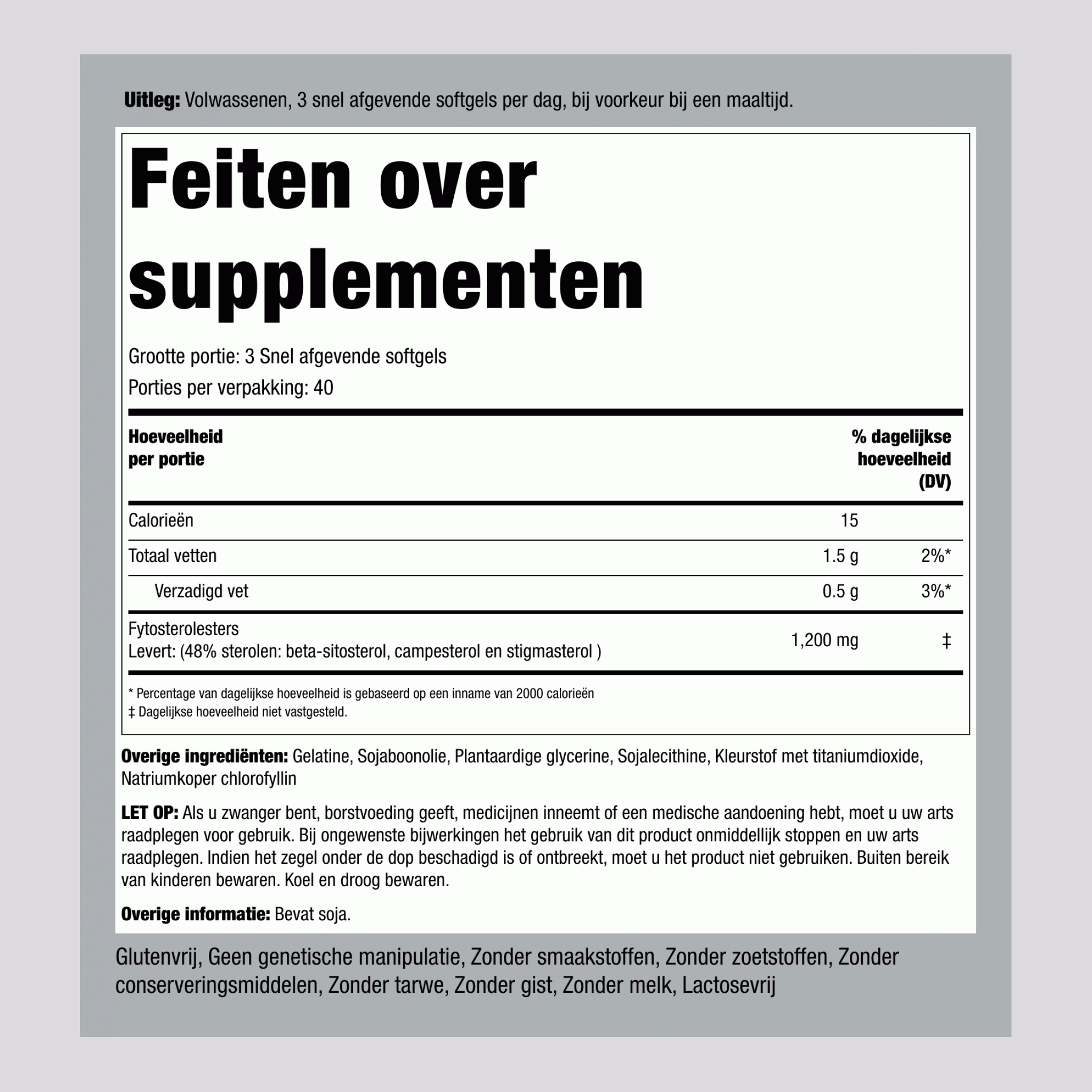 Plantensterolencomplex met beta sitosterol 1200 mg (per portie) 1200 mg (per portie) 120 Snel afgevende softgels 2 Flessen    