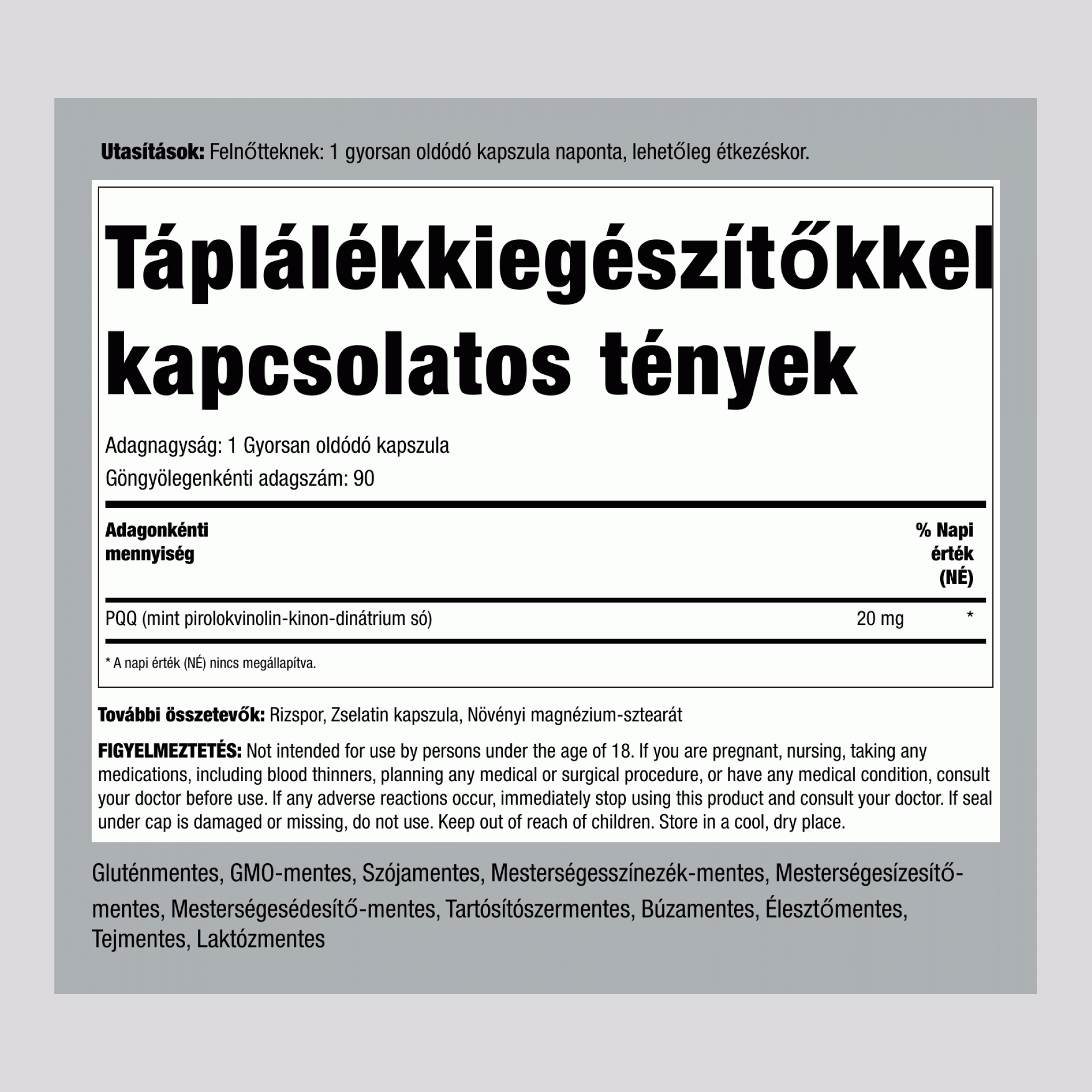 PQQ Pirrolo-kinolin-kinon, 20 mg, 90 Gyorsan oldódó kapszula