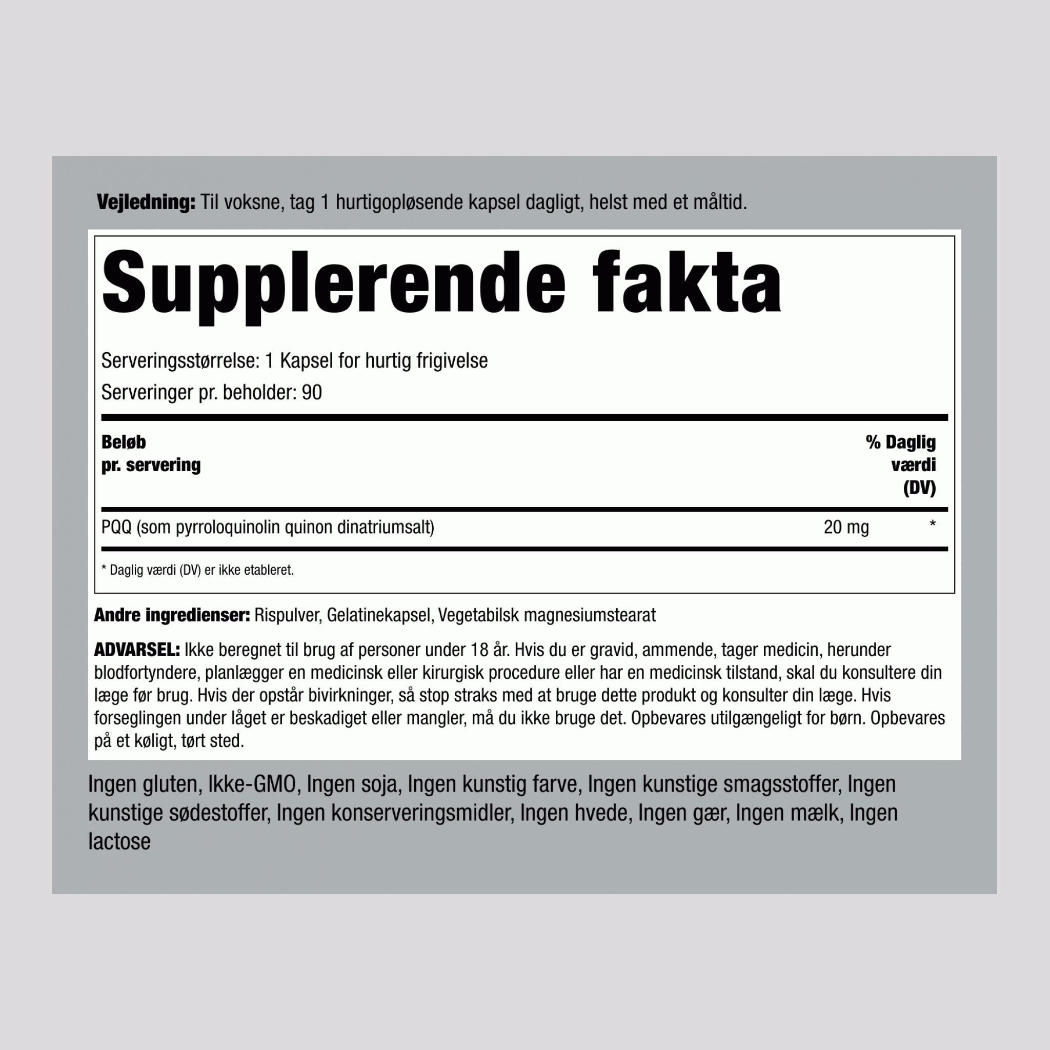 PQQ Pyrroloquinolin quinon 20 mg 90 Kapsler for hurtig frigivelse 2 Flasker   