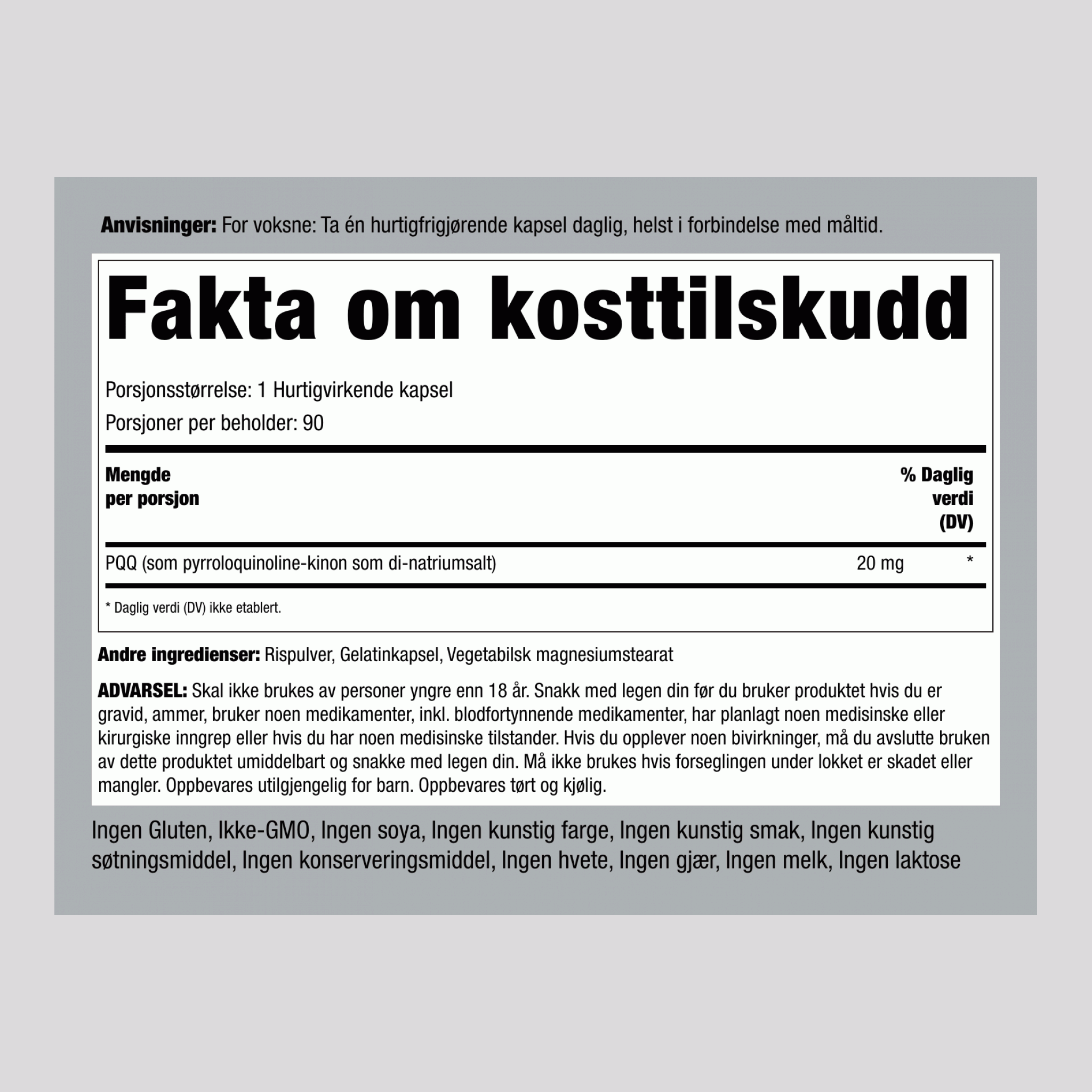 PQQ Pyrroloquinolin quinon 20 mg 90 Hurtigvirkende kapsler 2 Flasker   