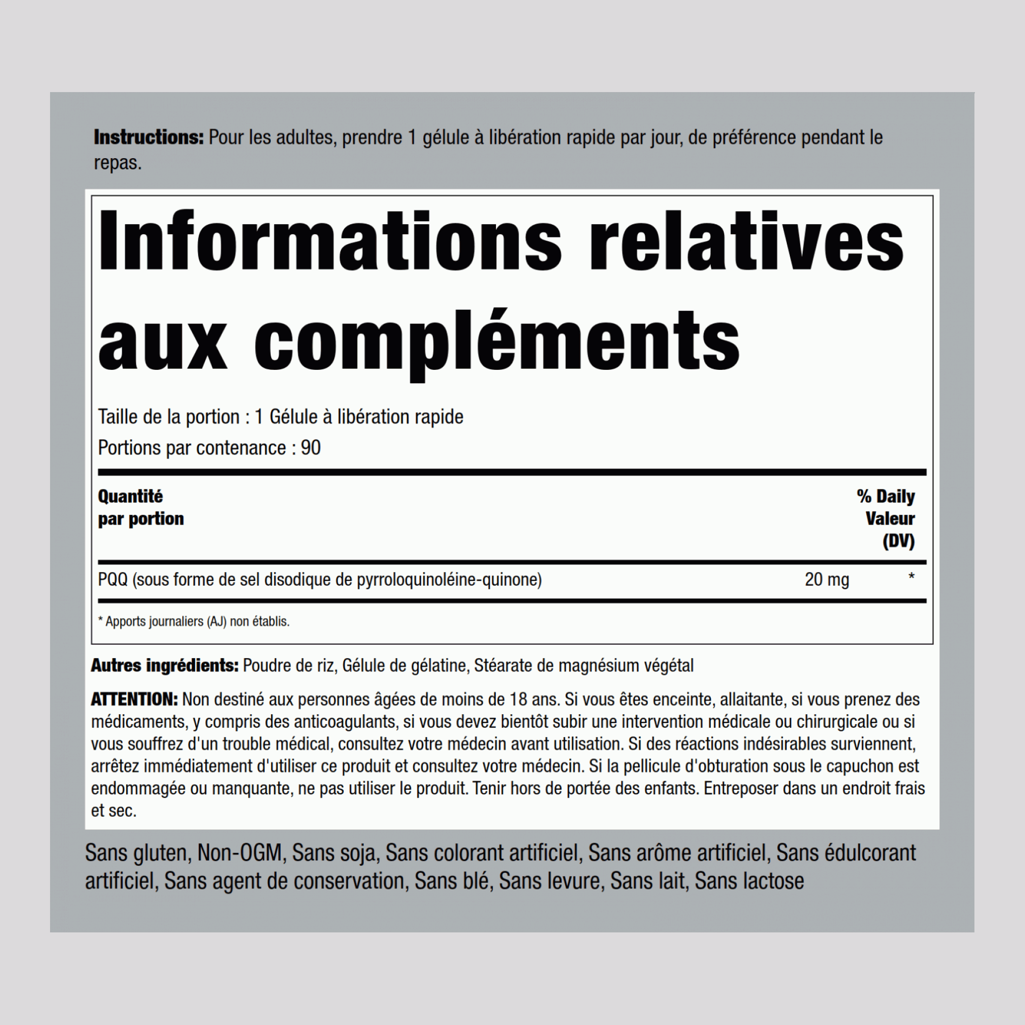 PQQ Pyrroloquinoline Quinone,  20 mg 60 Gélules à libération rapide 2 Bouteilles